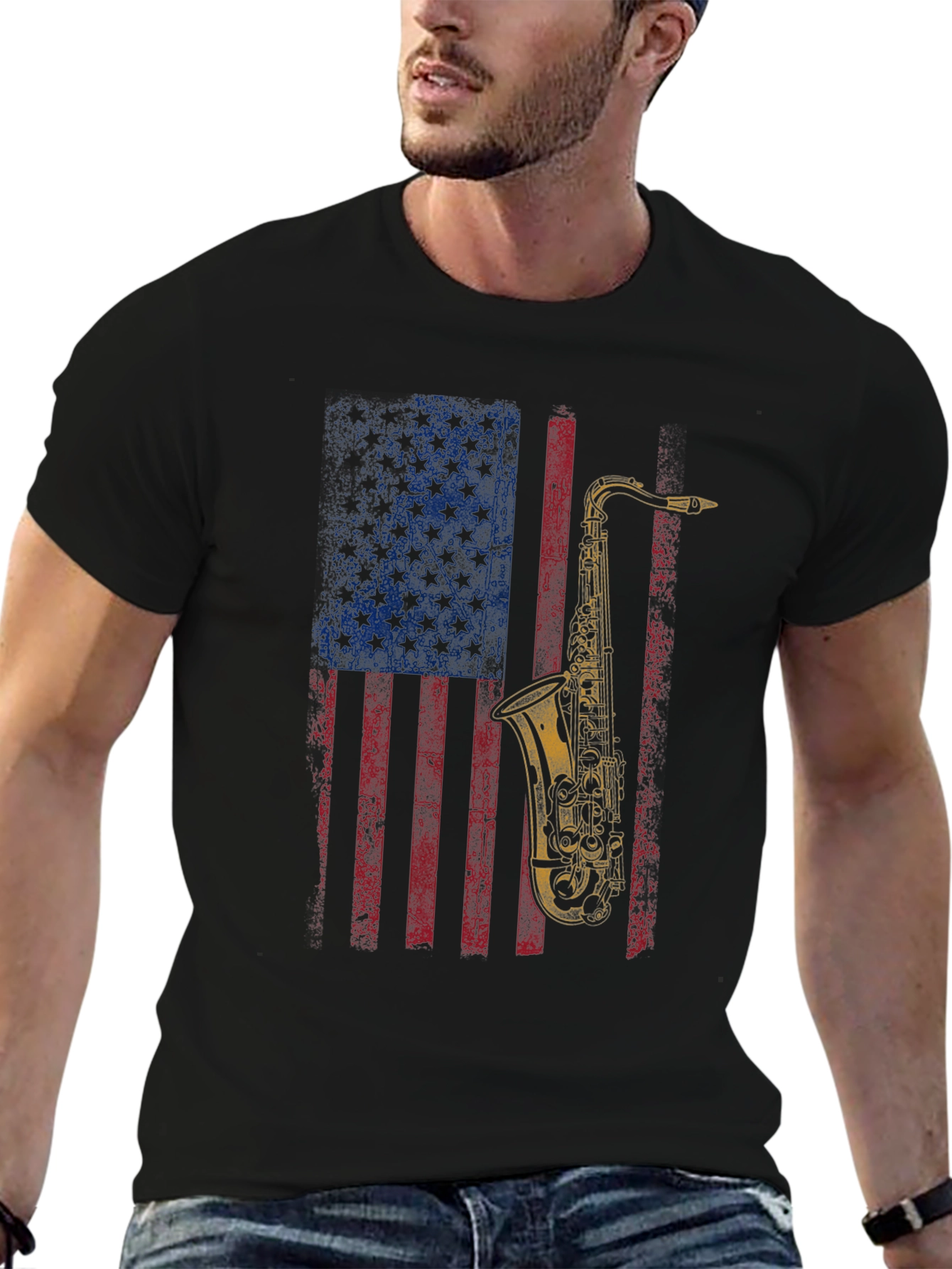 Black Saxophone American Flag Graphic T-Shirt view 6