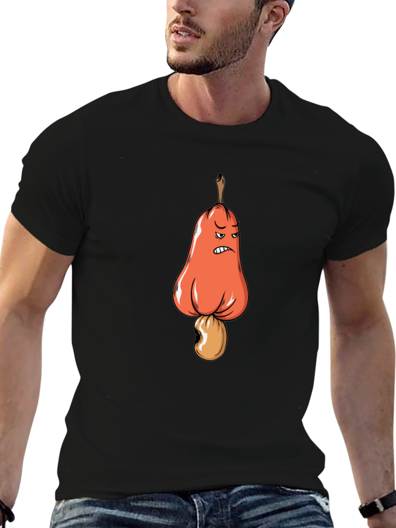 Black Angry Cashew Cartoon Graphic Black T-Shirt view 6