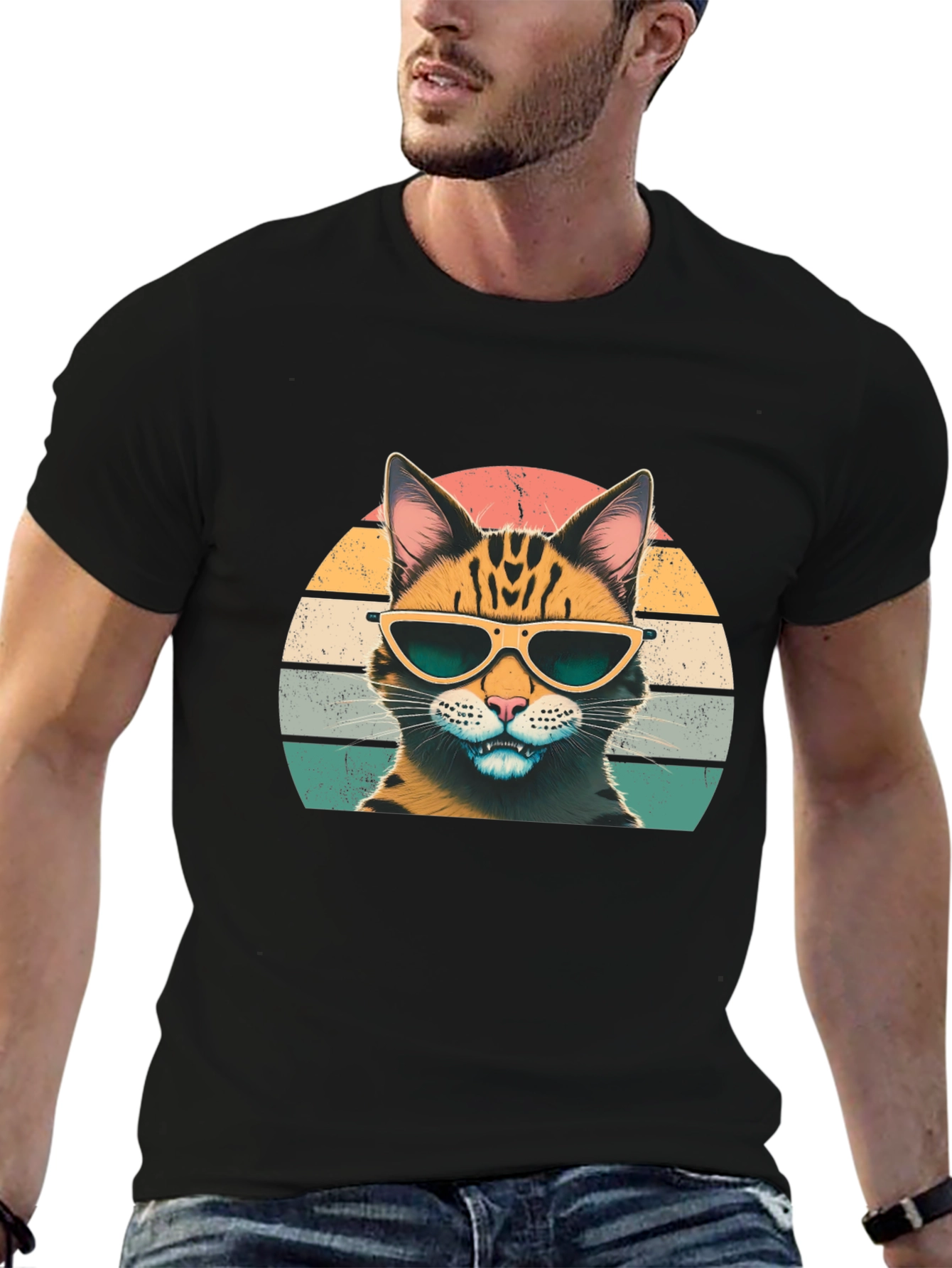 Black Cool Cat Graphic Tee - Retro Style view 6
