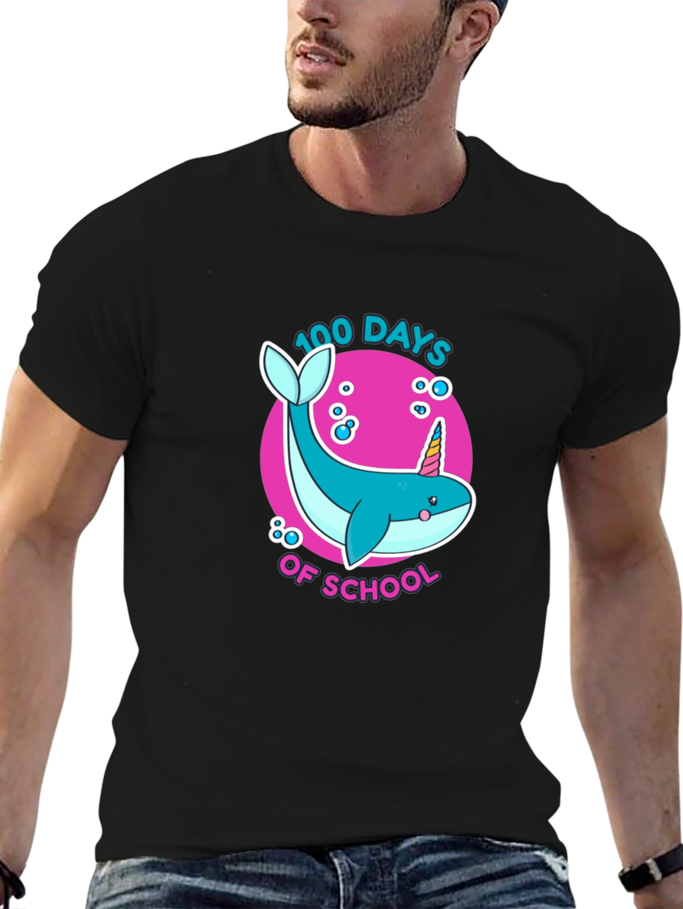 Black 100 Days of School Narwhal Unicorn Kids T-Shirt view 6