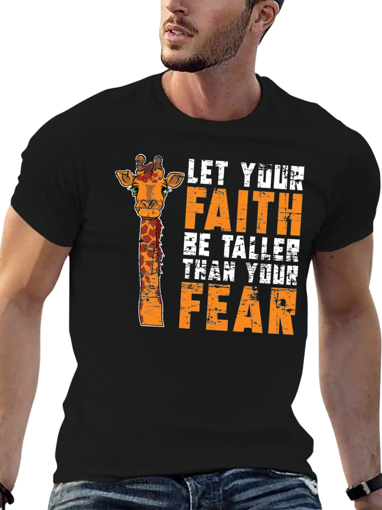 Black Faith Over Fear Giraffe Graphic Tee - Unisex Black T-Shirt view 6