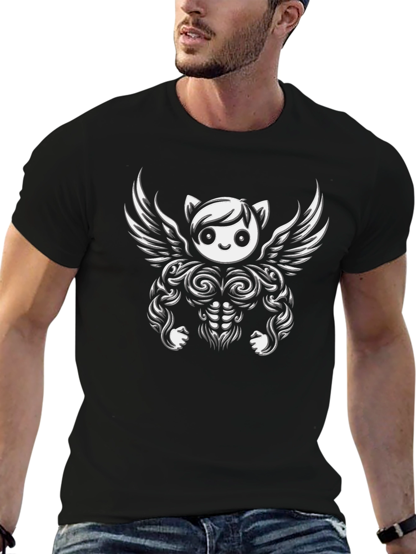Black Funny Cartoon Angel Gym Bodybuilder T-Shirt view 6