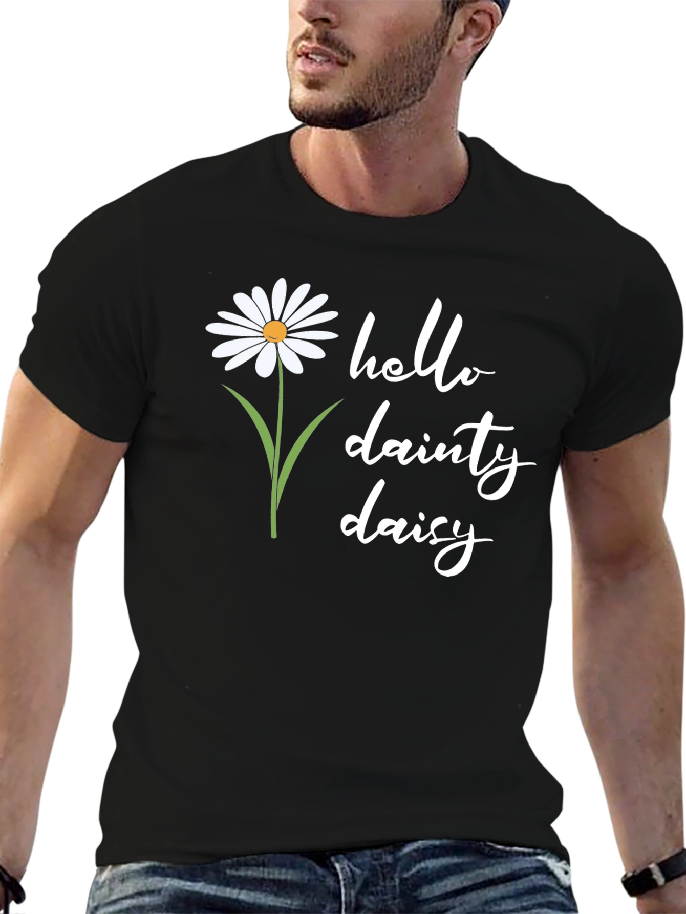 Black Hello Dainty Daisy Graphic Tee - Black Unisex Shirt view 6