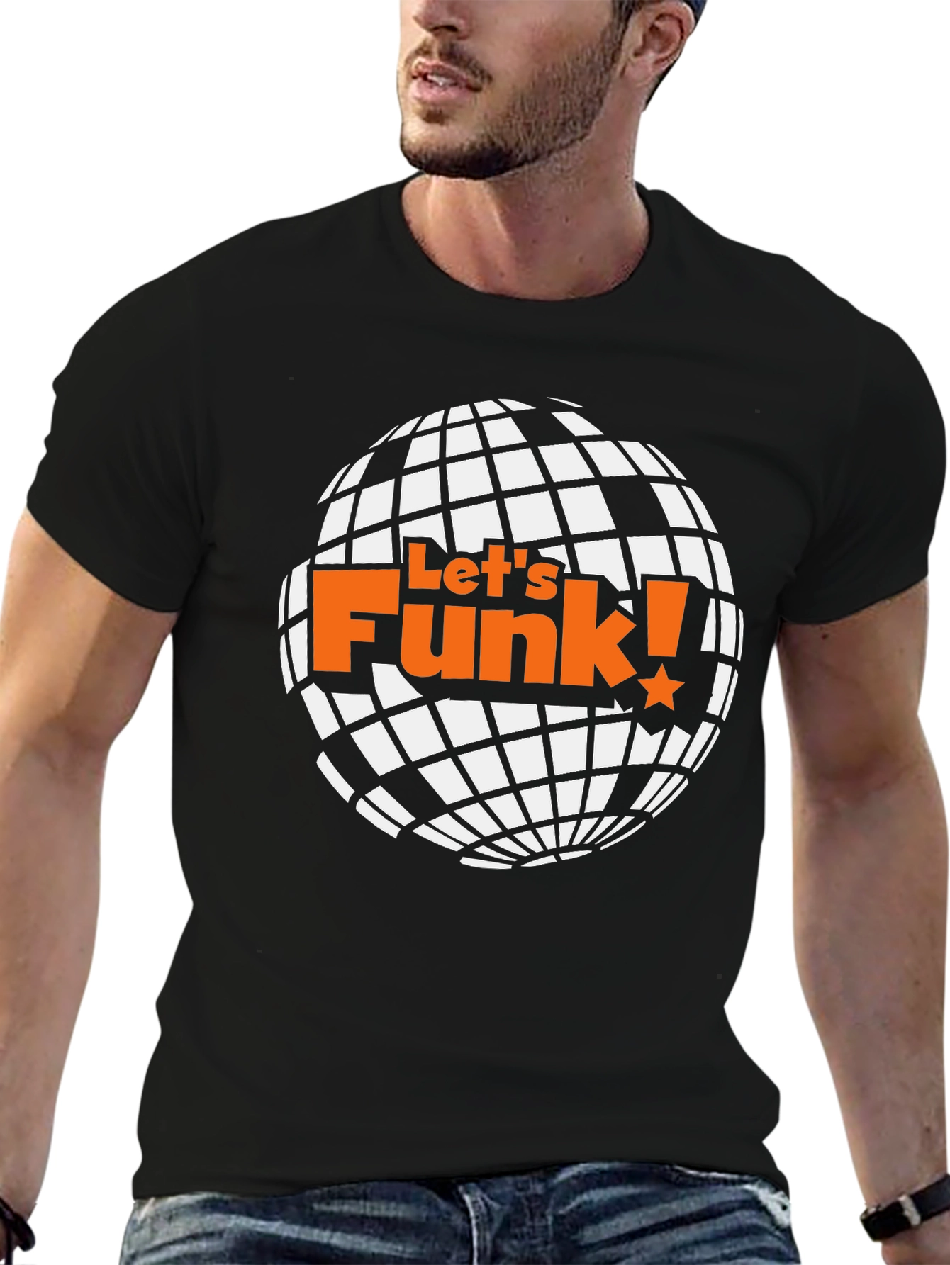 Black Let's Funk! Graphic T-Shirt - Retro Disco Ball Design view 6