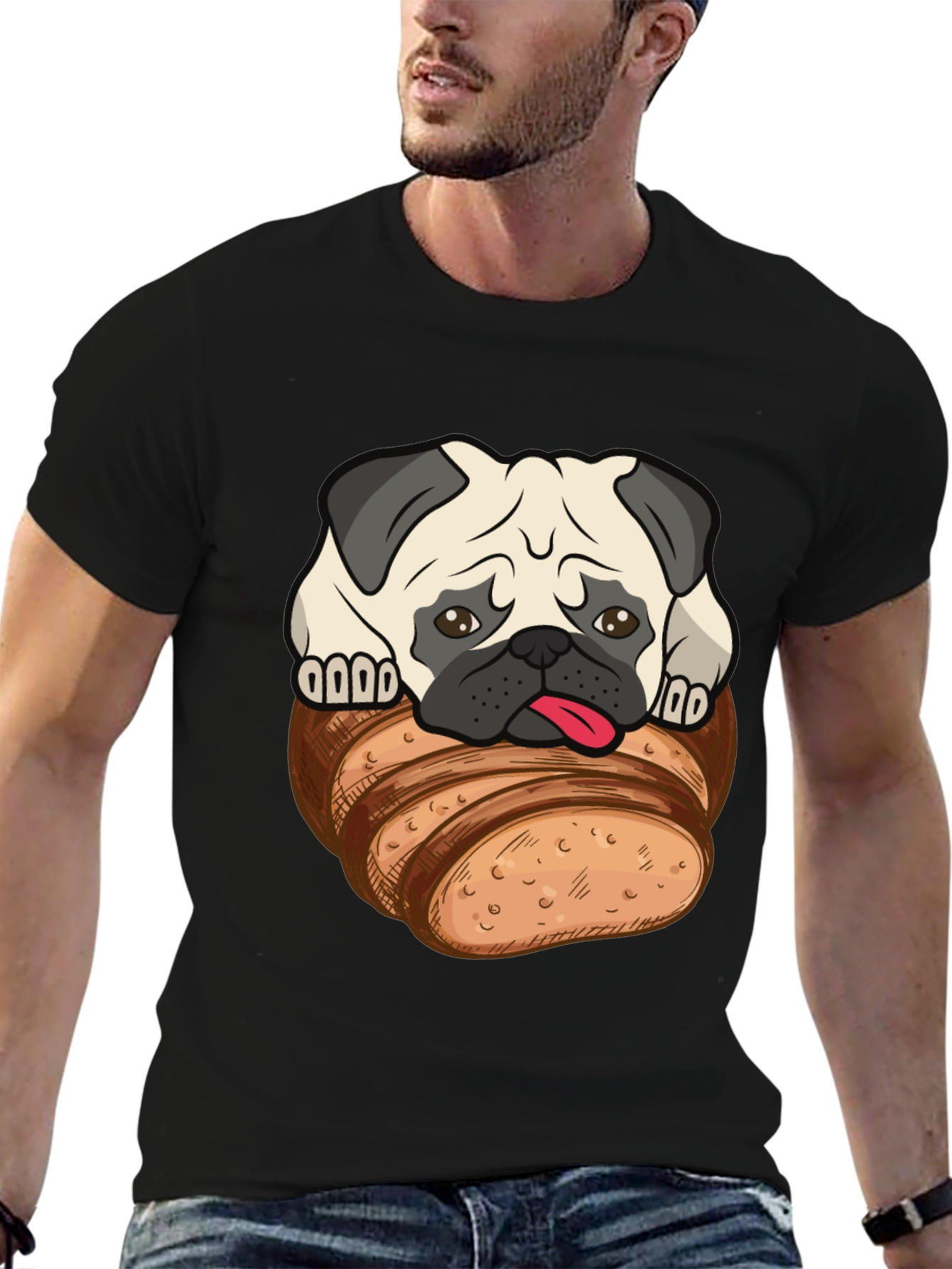 Black Pug in Bread Loaf Graphic T-Shirt view 6