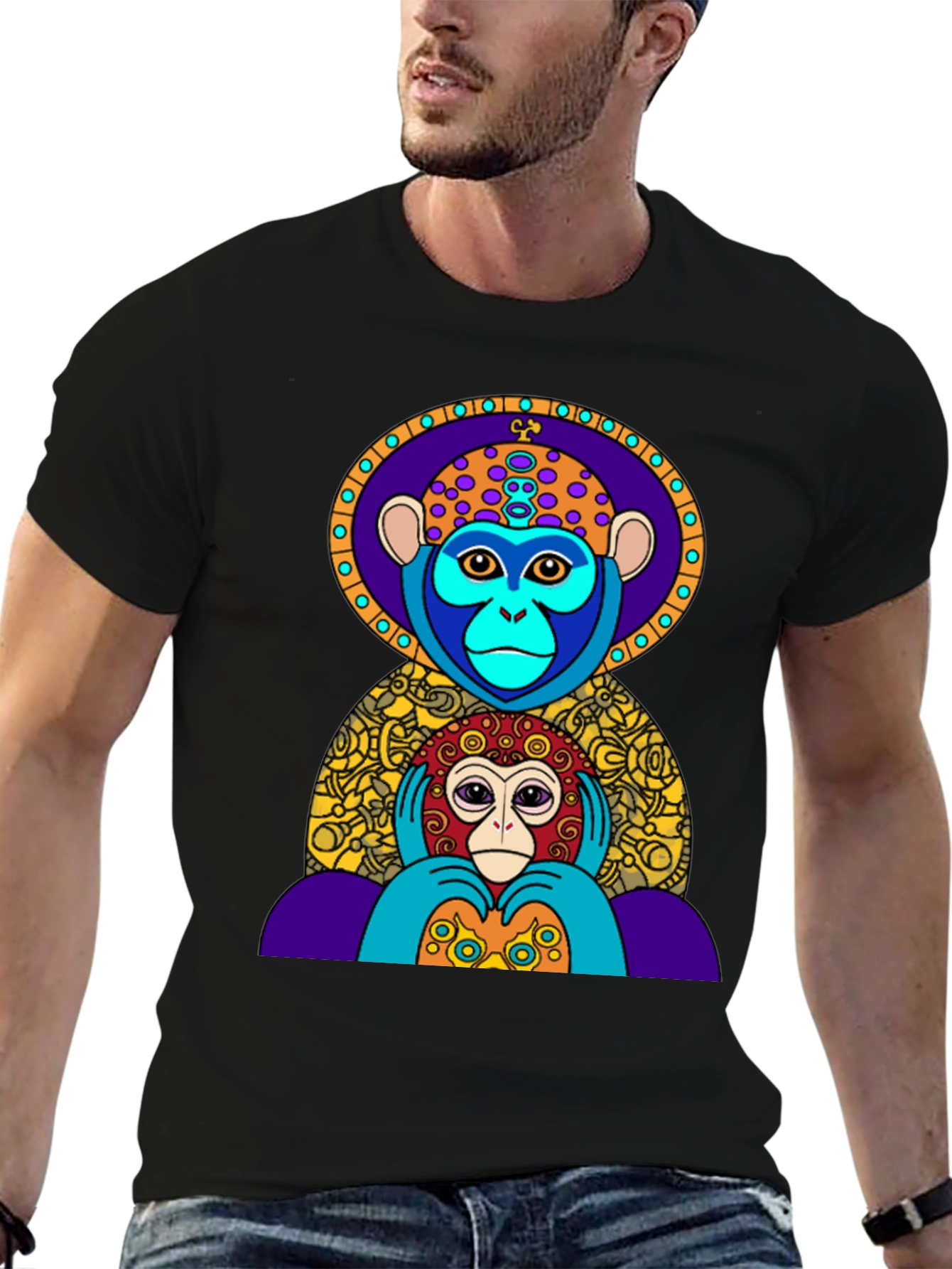 Black Colorful Monkey Graphic Tee - Artistic Design view 6