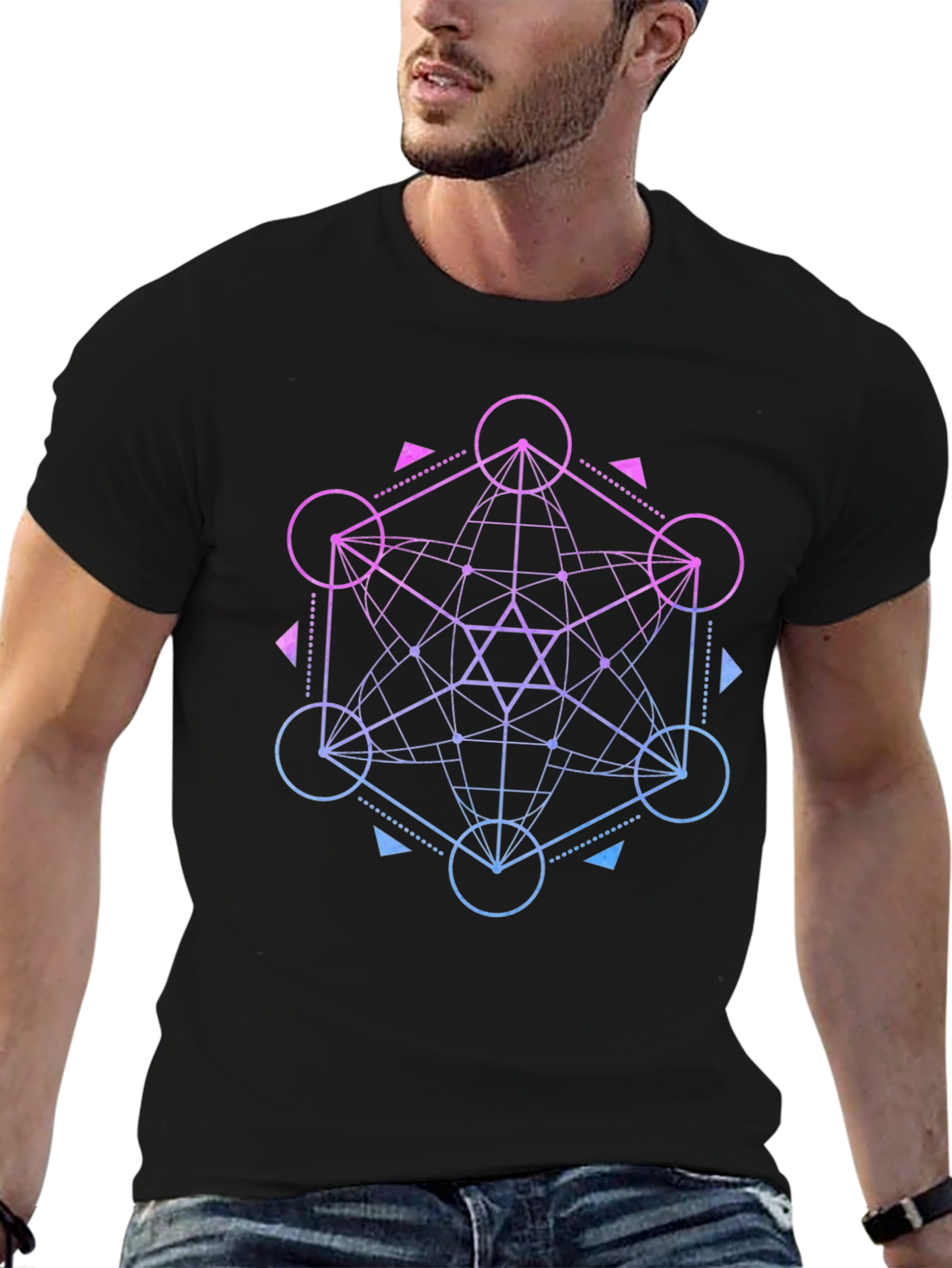 Black Geometric Metatron's Cube T-Shirt view 6