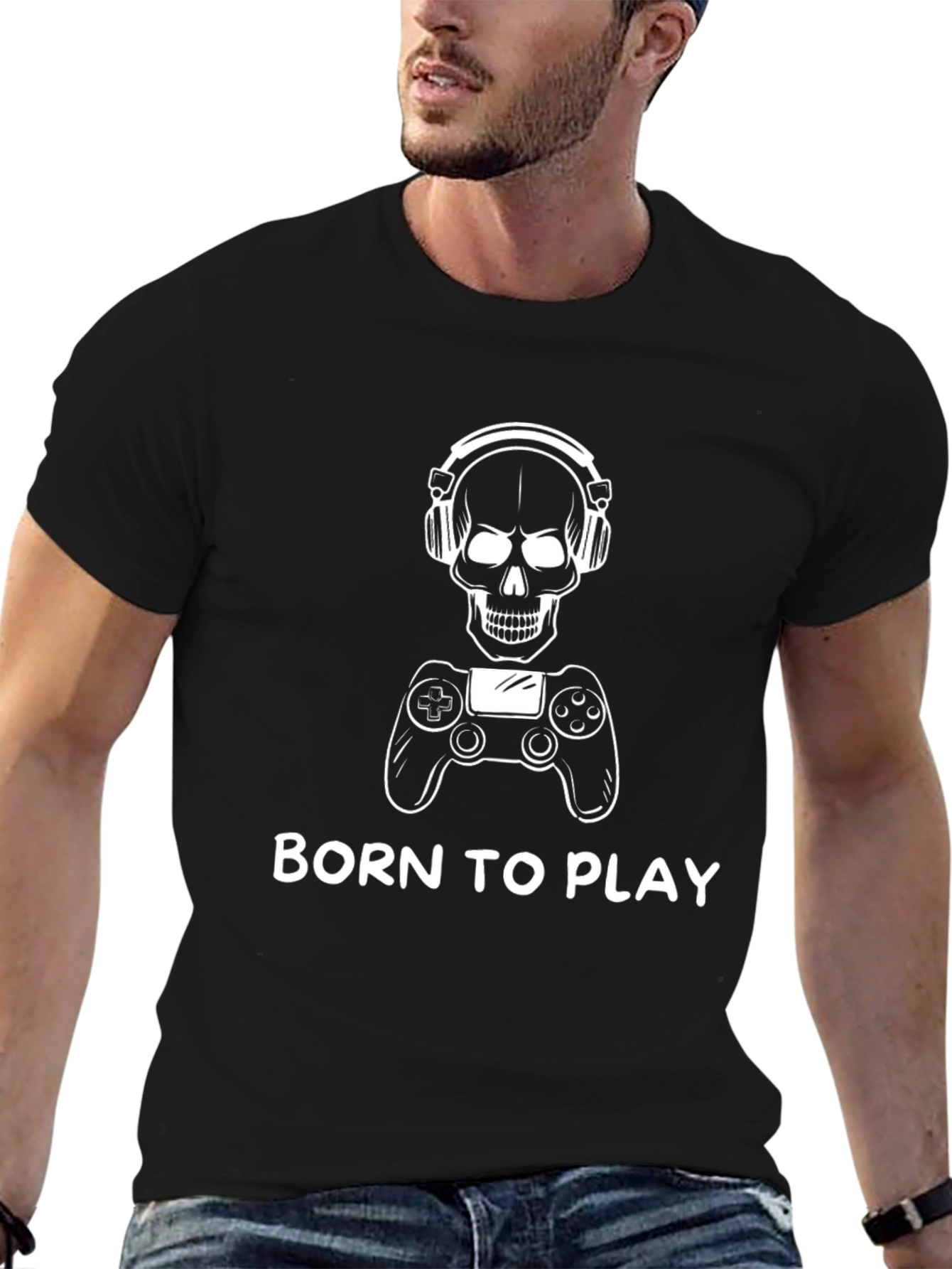 Black Born to Play Gamer T-Shirt - Skull Headset Design view 6