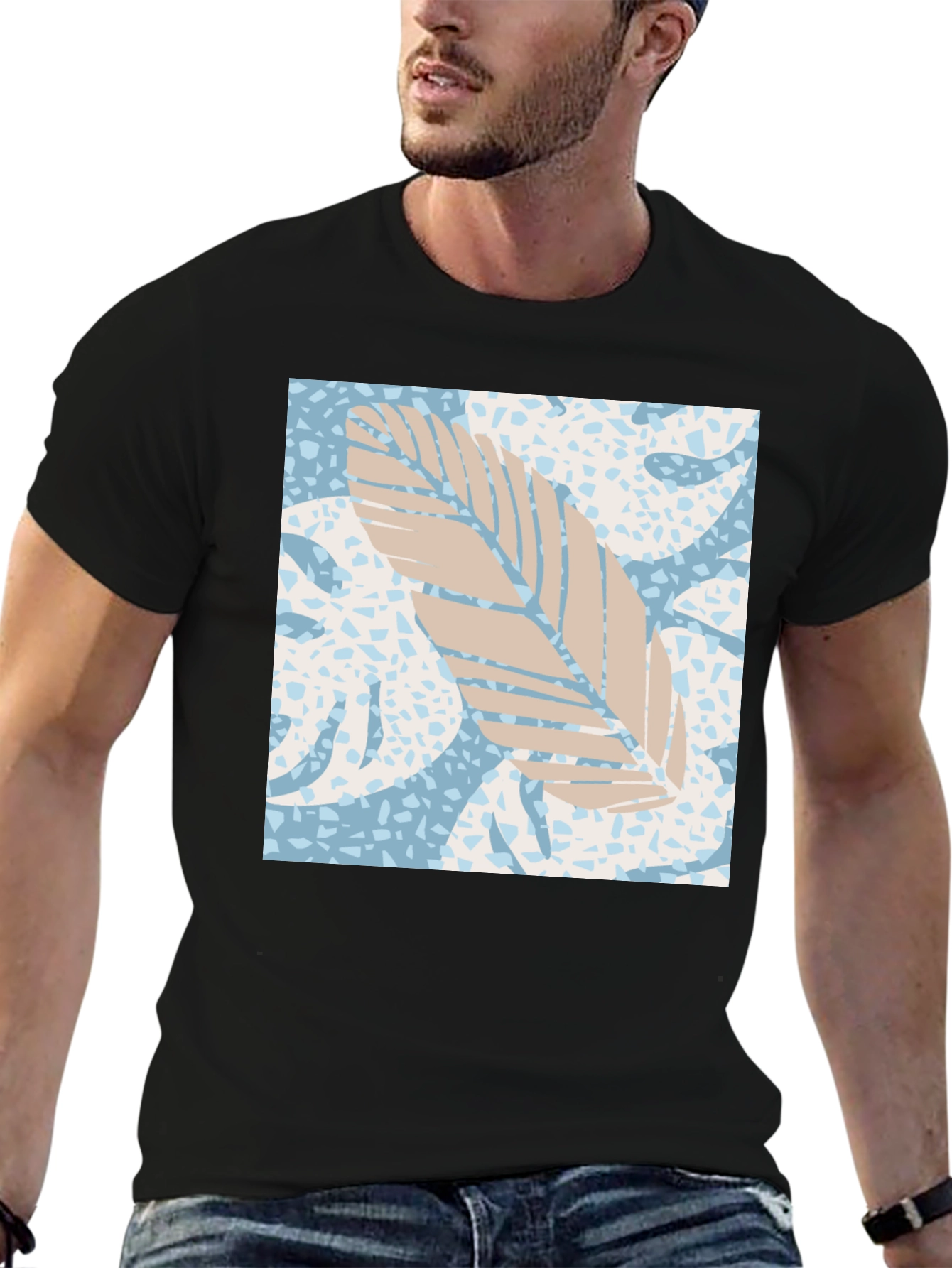 Tropical Leaf Print Black Tee - 6