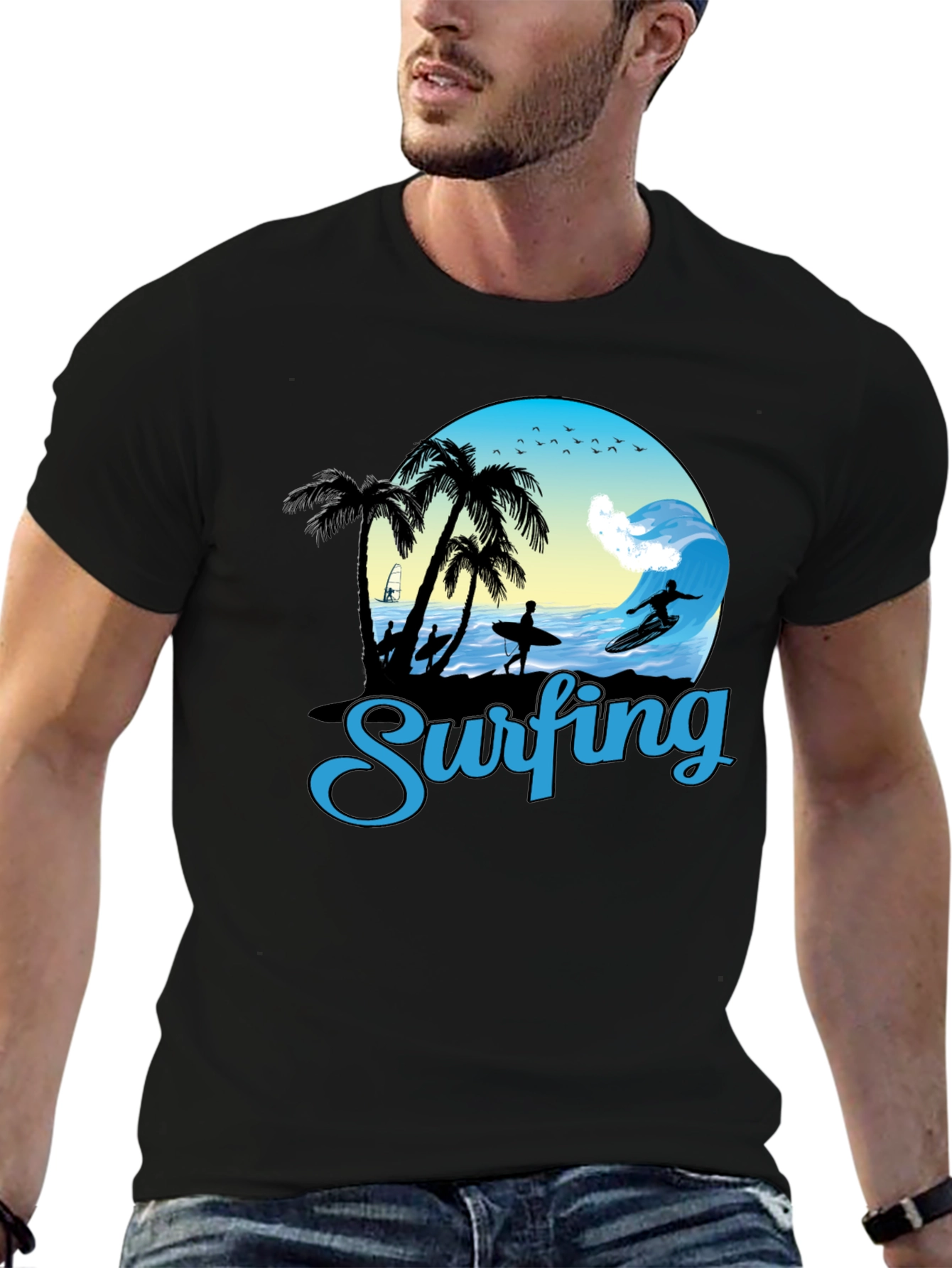 Black Surfing Graphic T-Shirt - Black Cotton Tee view 6