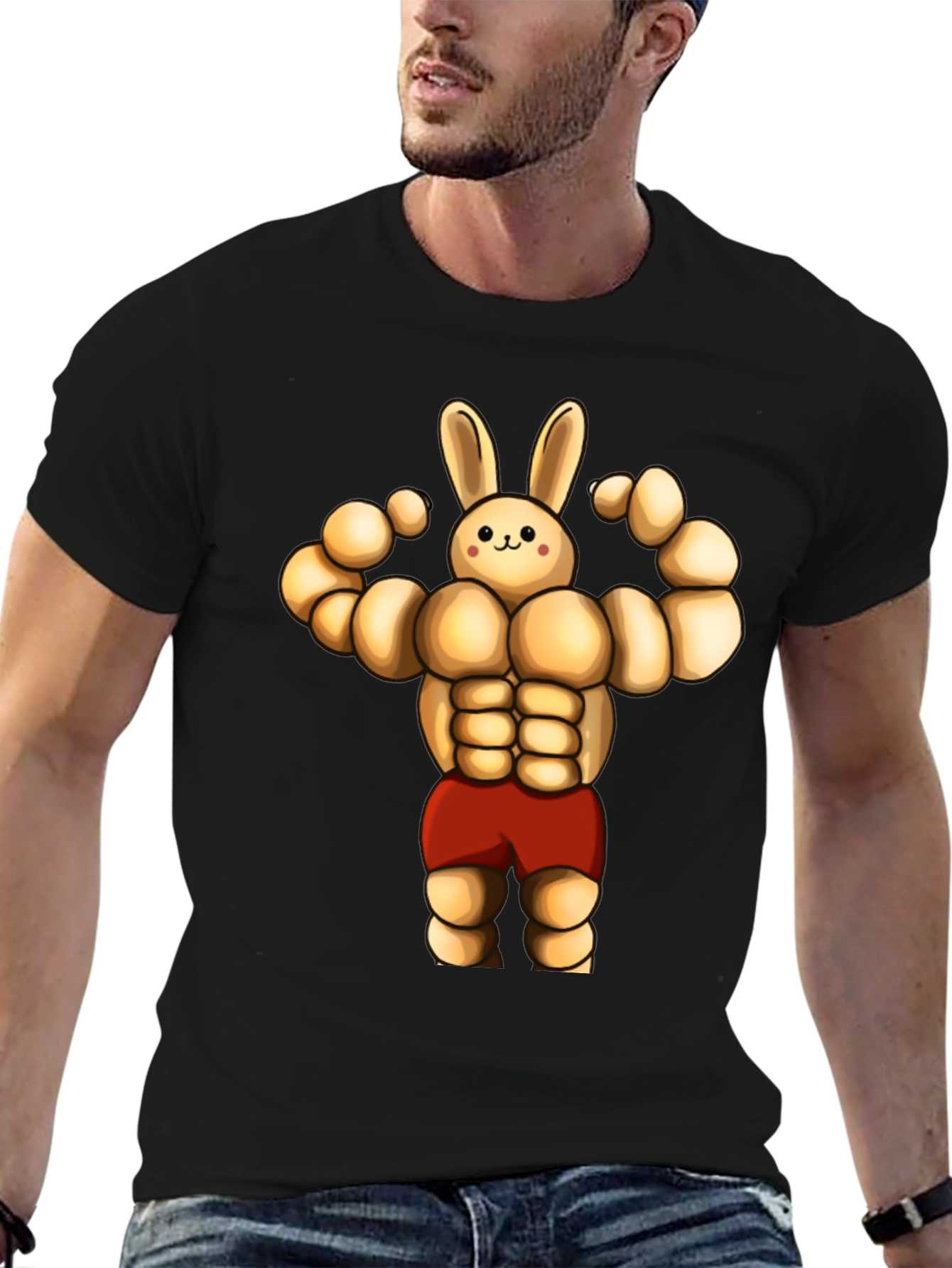 Black Funny Muscle Bunny T-Shirt view 6