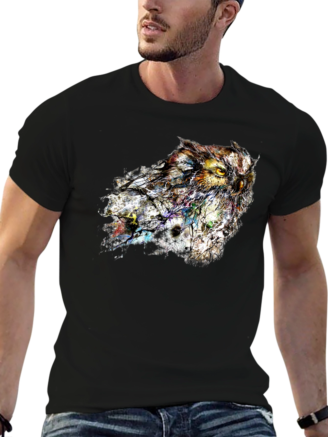 Black Abstract Owl Graphic Tee - Stylish Men's Black T-Shirt view 6