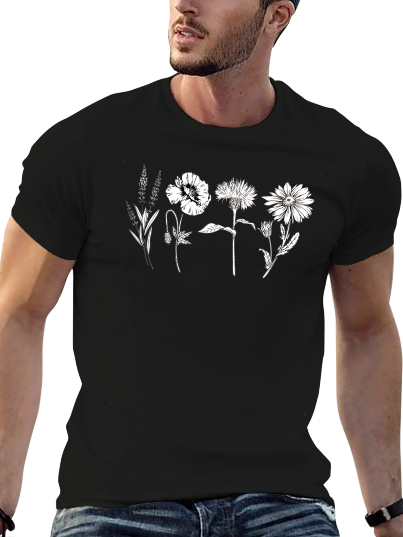 Black Floral Print Black Crew Neck T-Shirt view 6