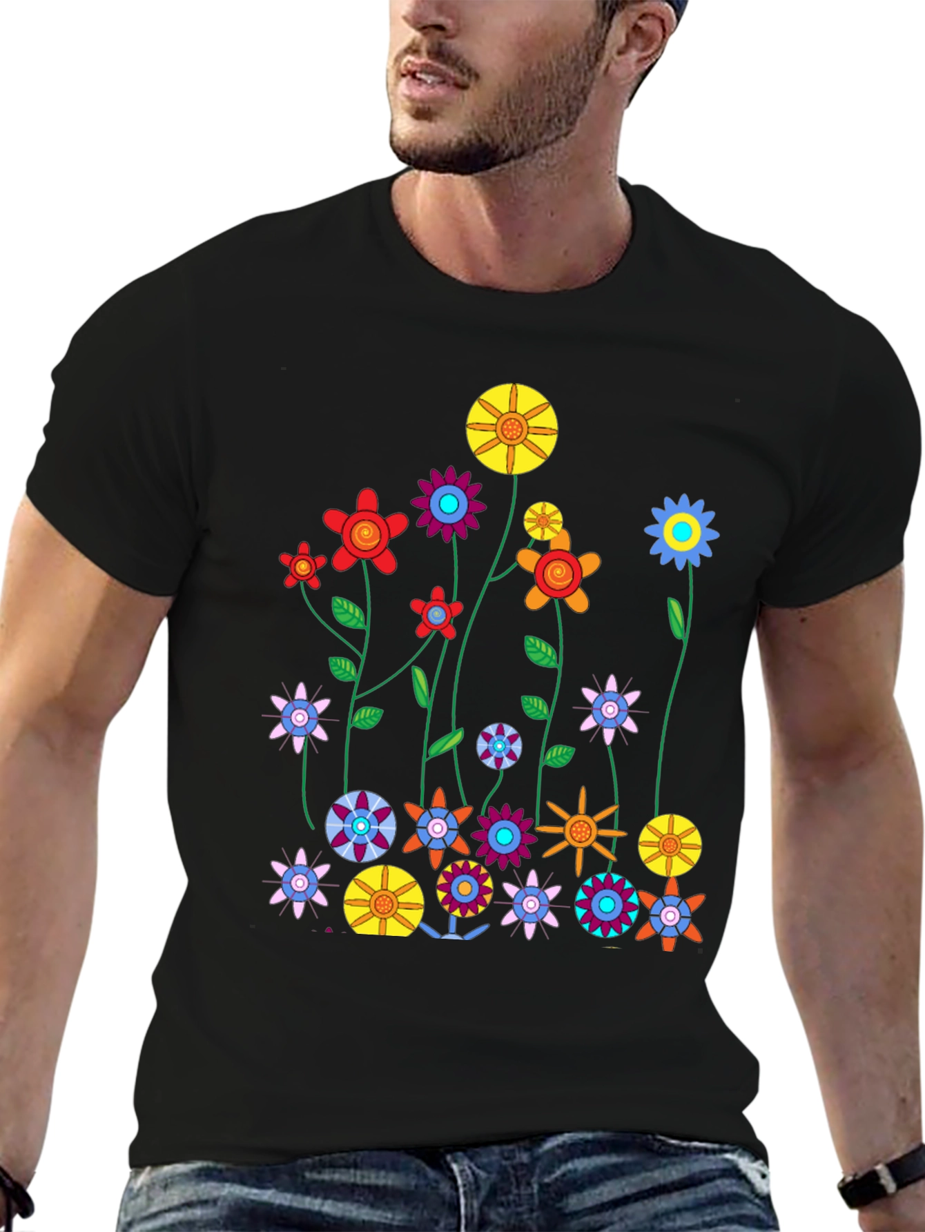 Black Floral Graphic Print Crew Neck T-Shirt view 6
