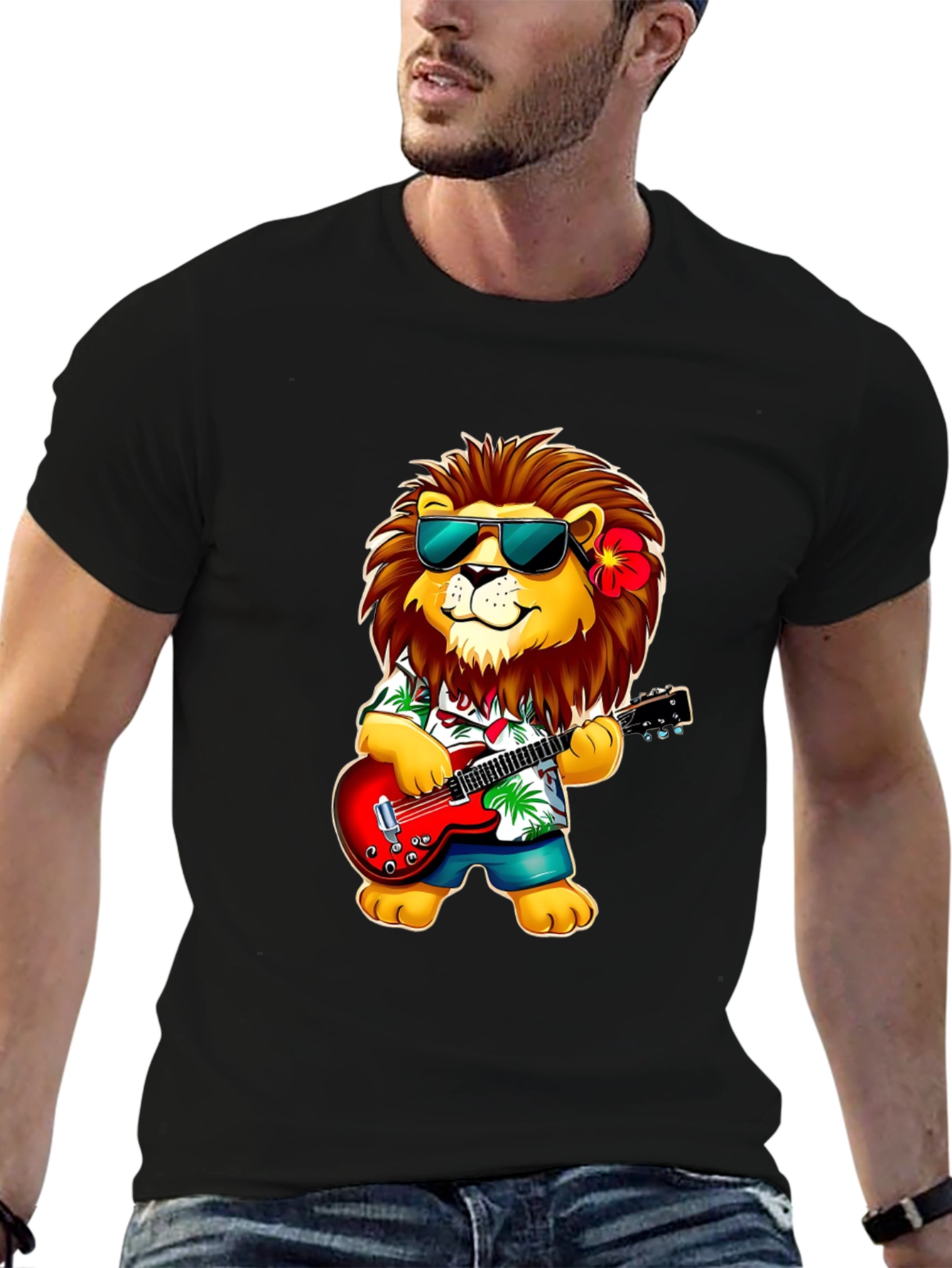 Black Lion Guitarist Graphic Tee - Cool Novelty Shirt view 6