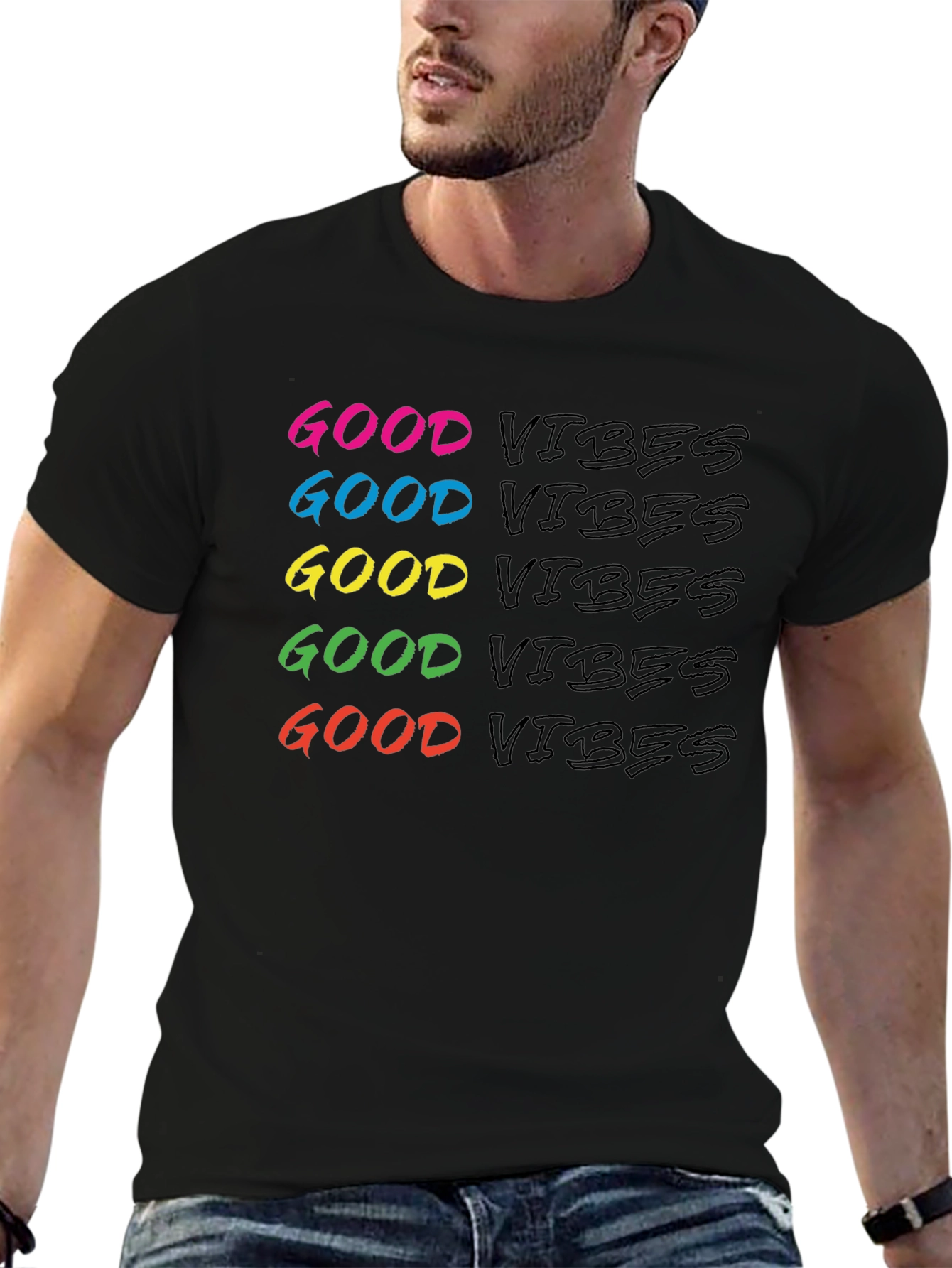 Black Good Vibes Graphic Tee - Men's Black Crew Neck view 6