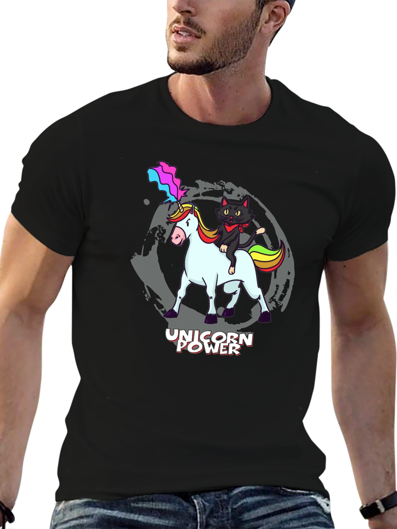 Black Unicorn Power T-Shirt - Cat Riding Unicorn! view 6