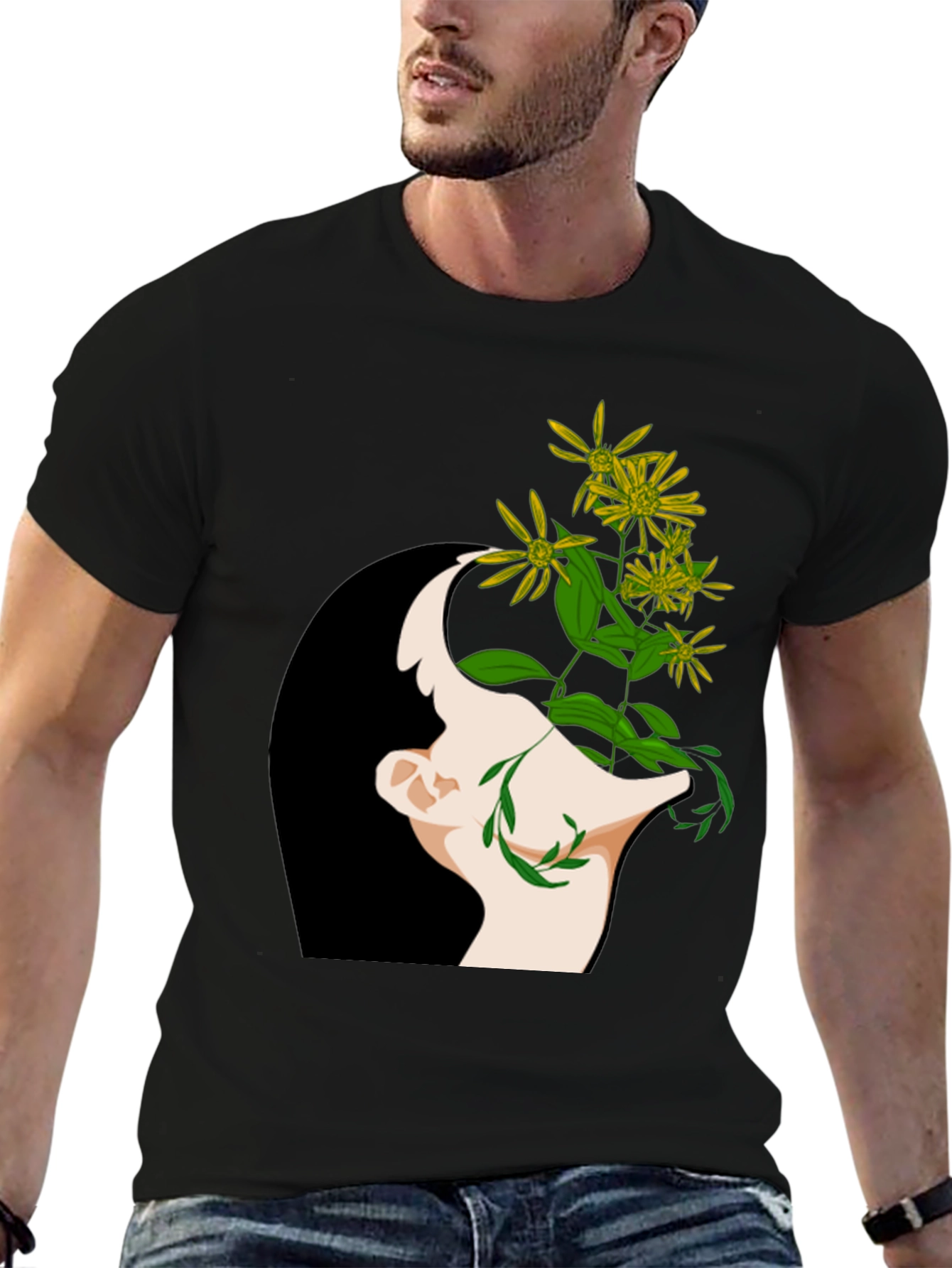 Black Floral Mind Black T-Shirt - Artistic Graphic Tee view 6
