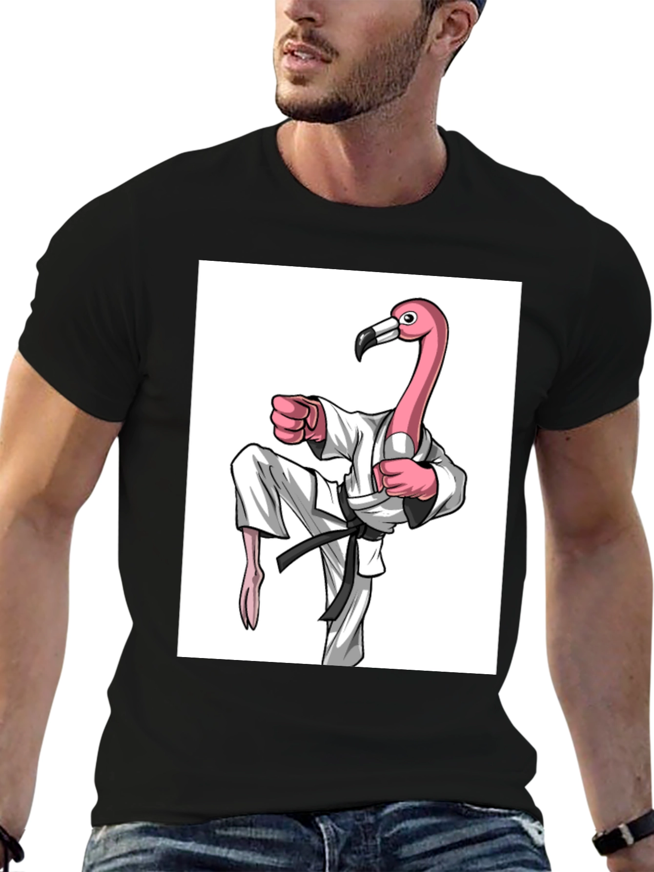 Black Karate Flamingo Black T-Shirt - Unique Graphic Tee view 6
