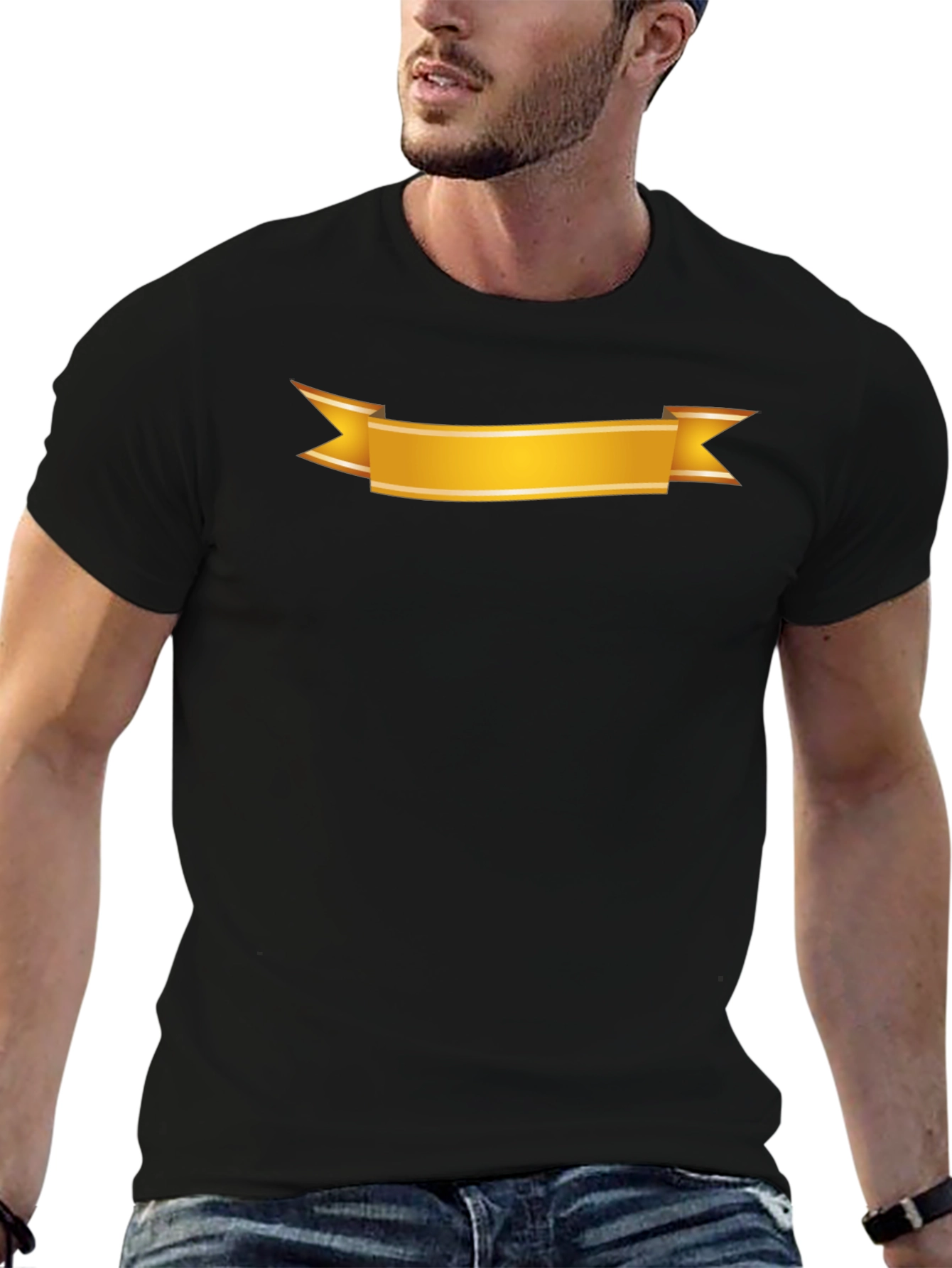 Black Men's Black T-Shirt with Gold Ribbon Design view 6