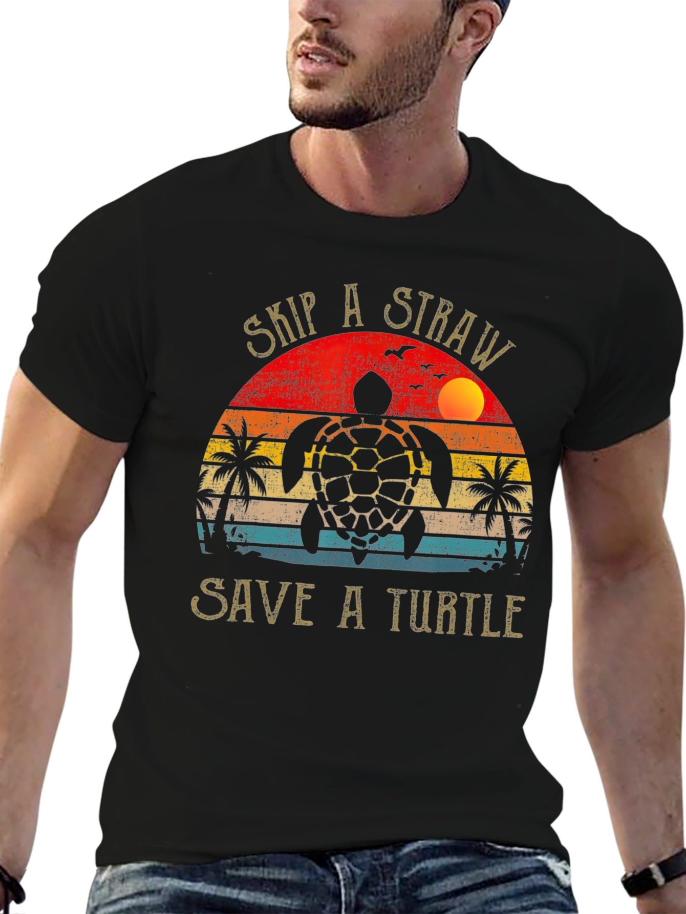 Black Skip a Straw Save a Turtle Graphic Tee view 6