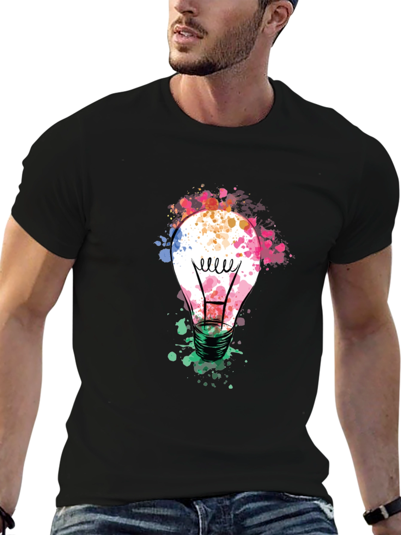 Black Colorful Light Bulb Graphic Tee - Modern Artistic Design view 6