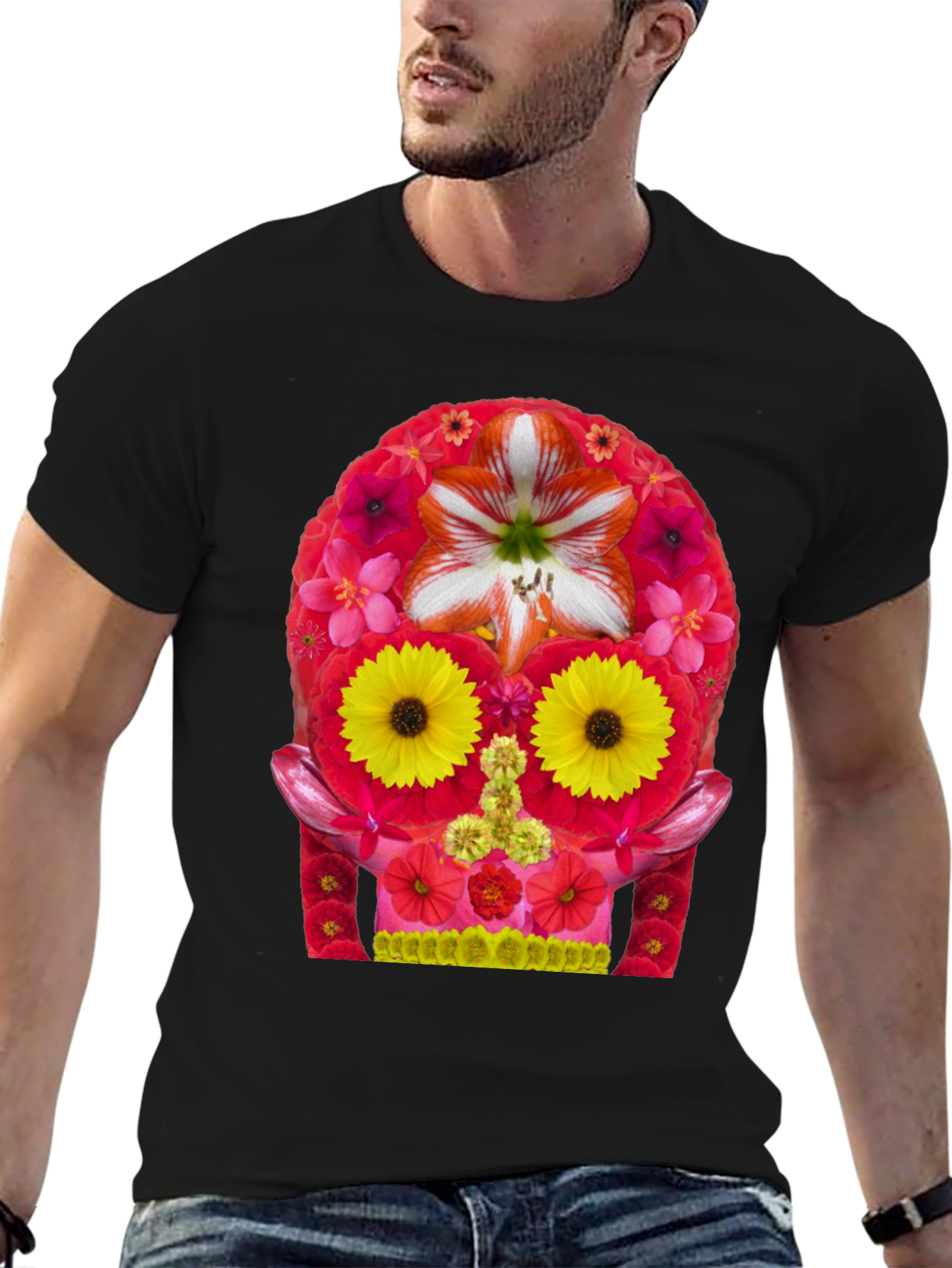 Black Floral Skull Graphic Tee - Men's Black T-Shirt view 6