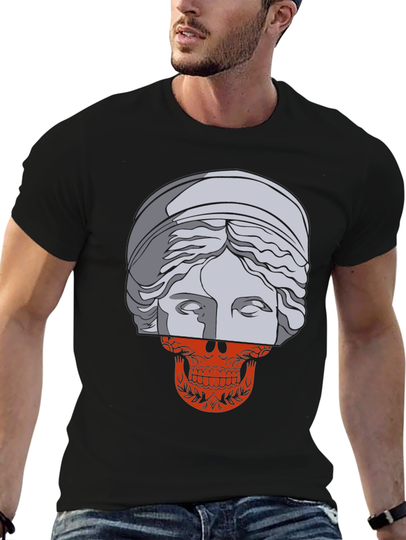 Black Skull Meets Statue Graphic Tee view 6