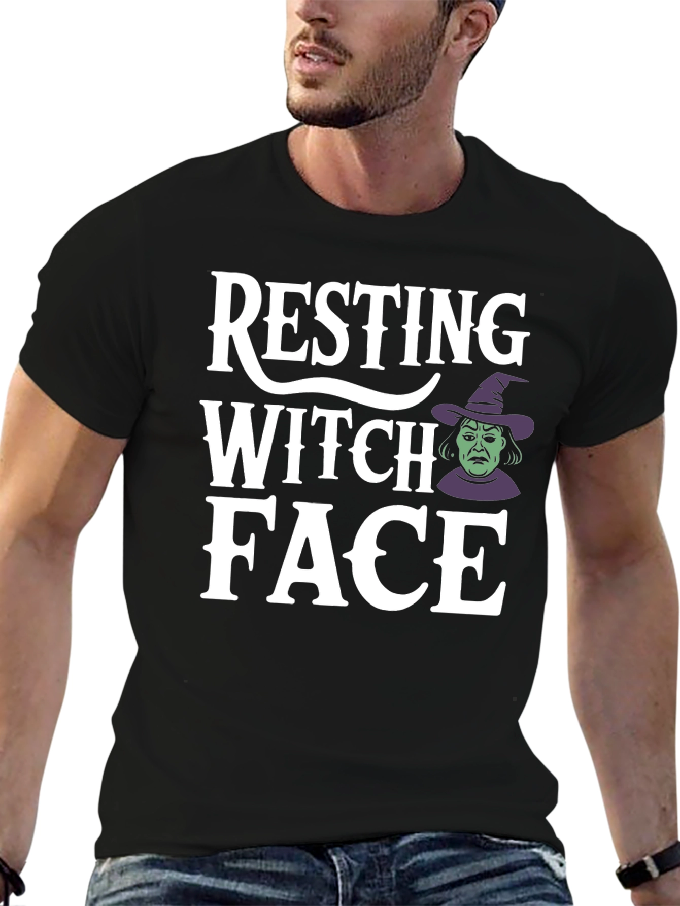 Black Resting Witch Face Graphic Tee - Halloween Shirt view 6