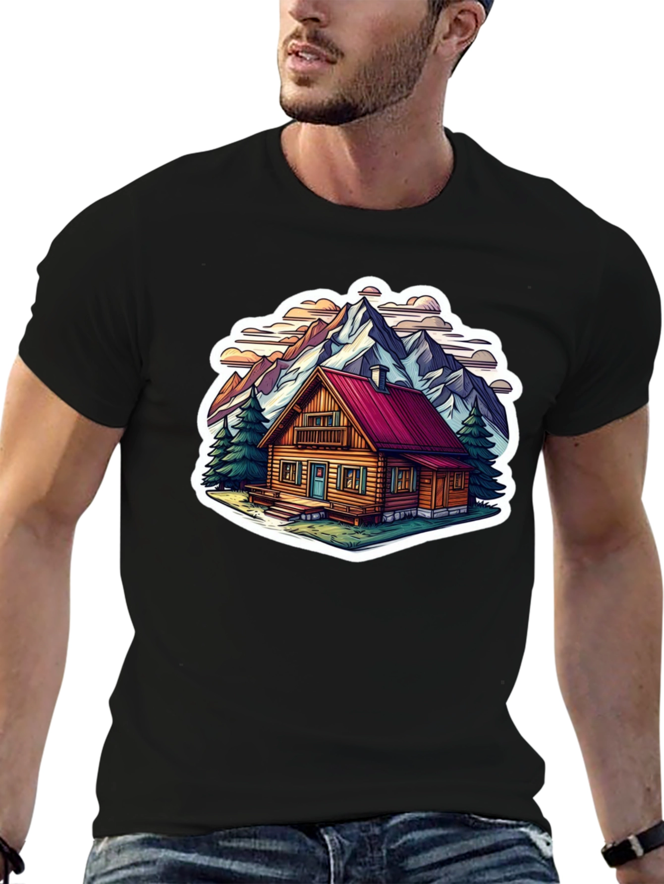 Black Cabin in the Mountains Graphic T-Shirt view 6
