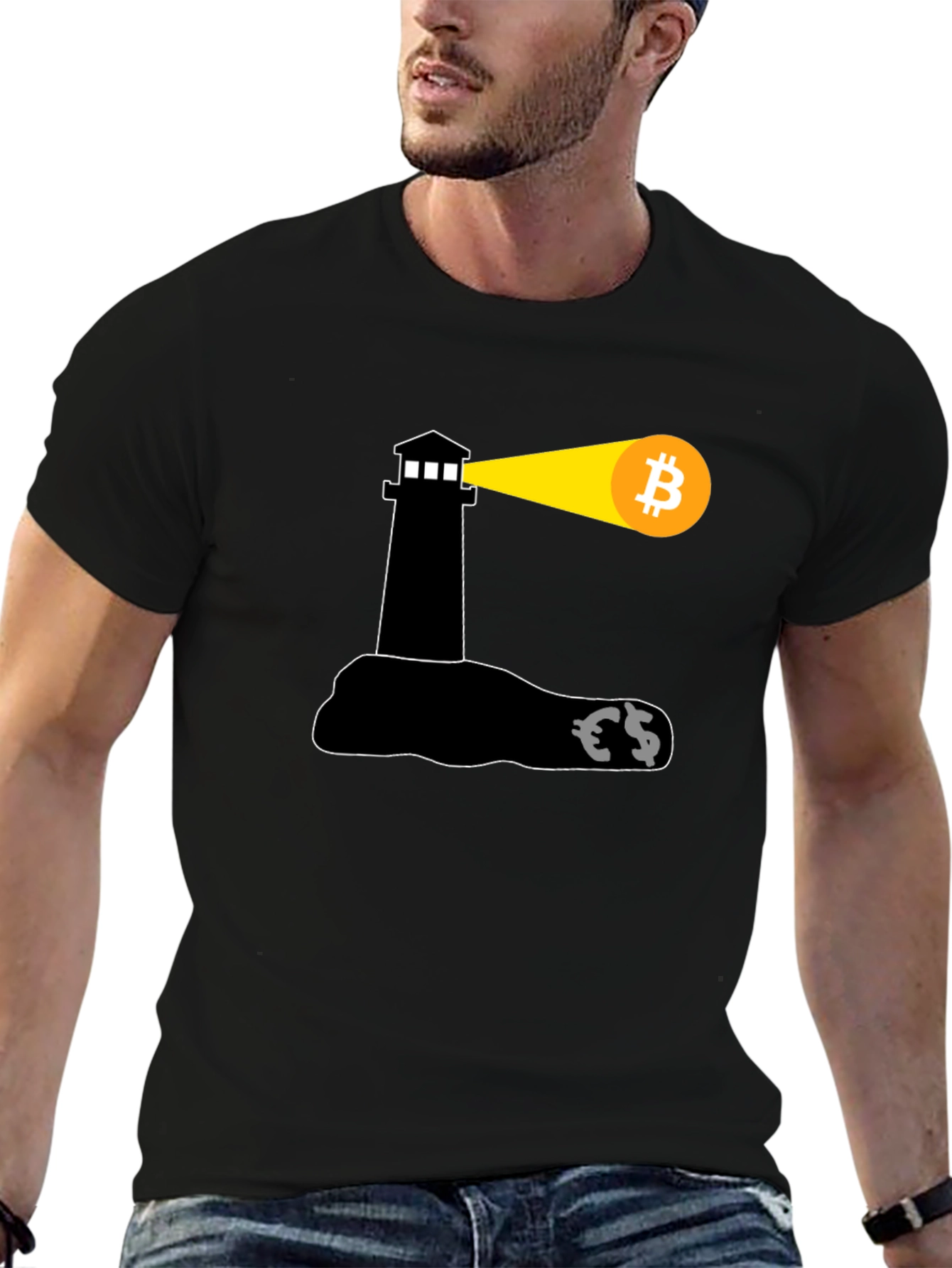 Black Bitcoin Lighthouse Black T-Shirt view 6