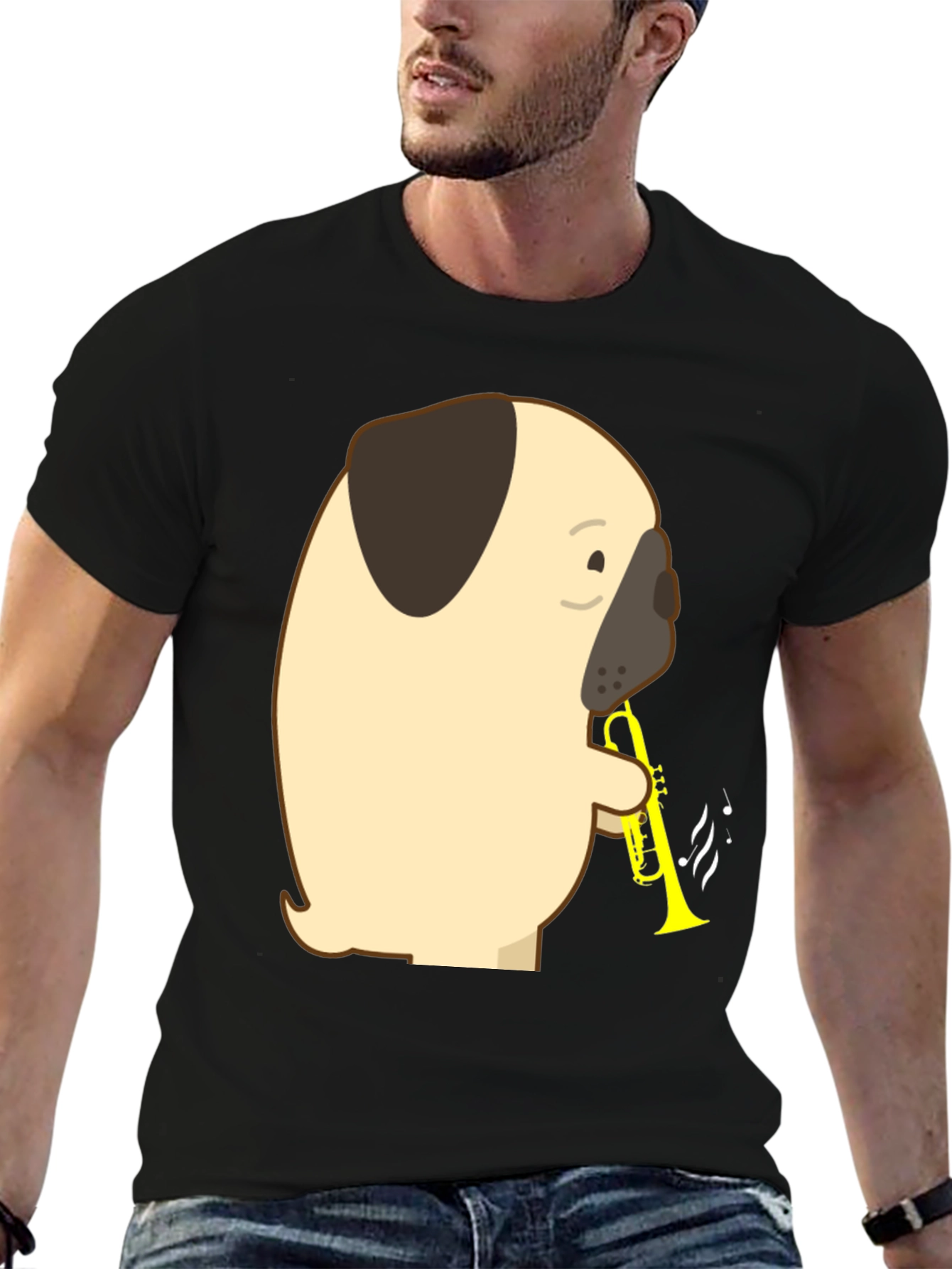 Black Pug Trumpet T-Shirt - Musical Dog Tee view 6