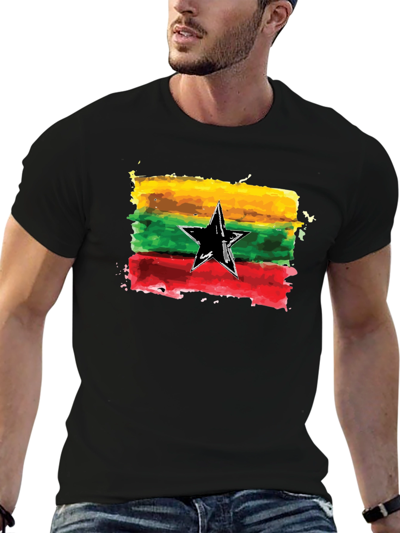 Black Ghana Flag Watercolor Graphic Tee view 6