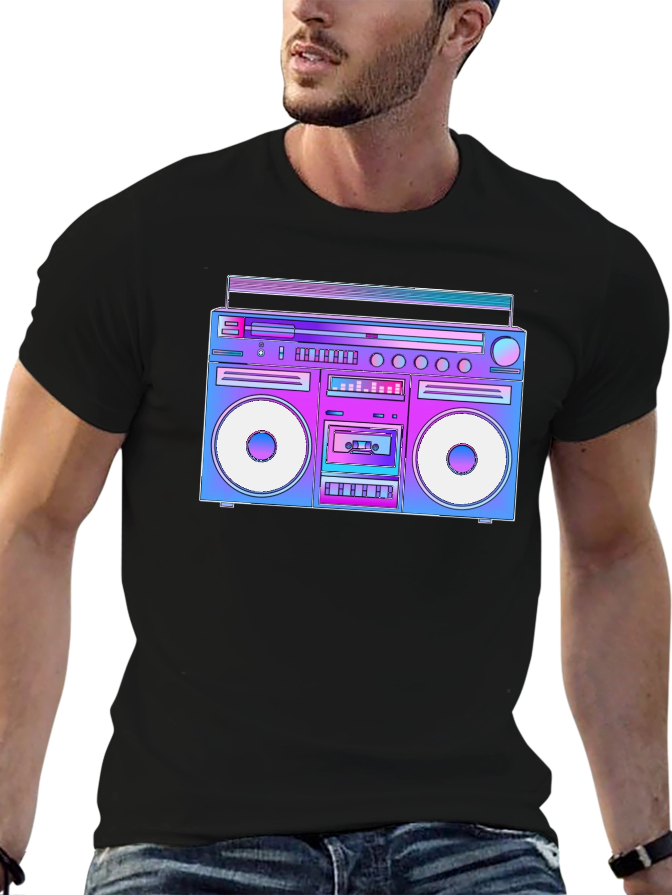Black Retro Boombox T-Shirt - 80s Throwback Style view 6