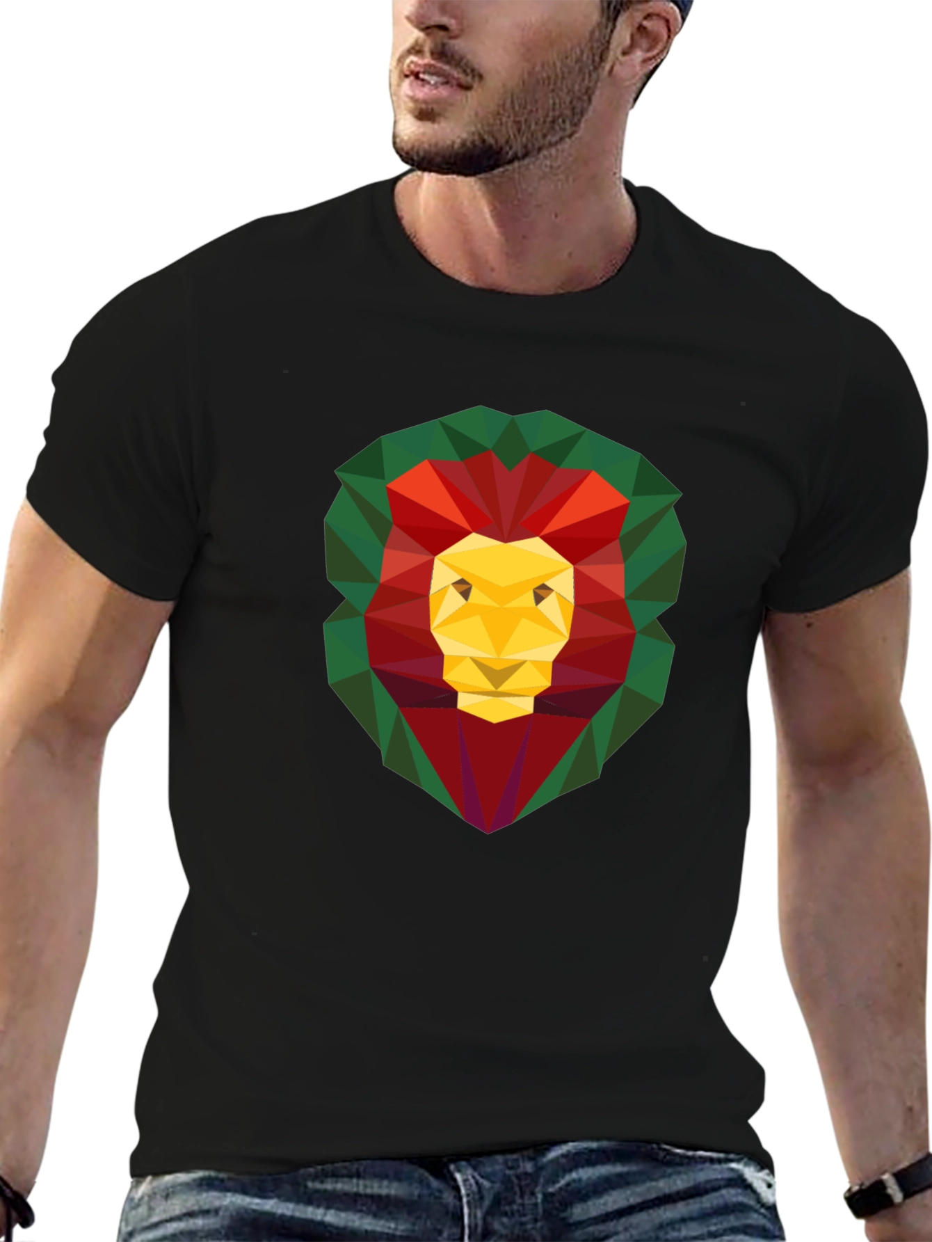 Black Geometric Lion Head Graphic Print Black T-Shirt view 6