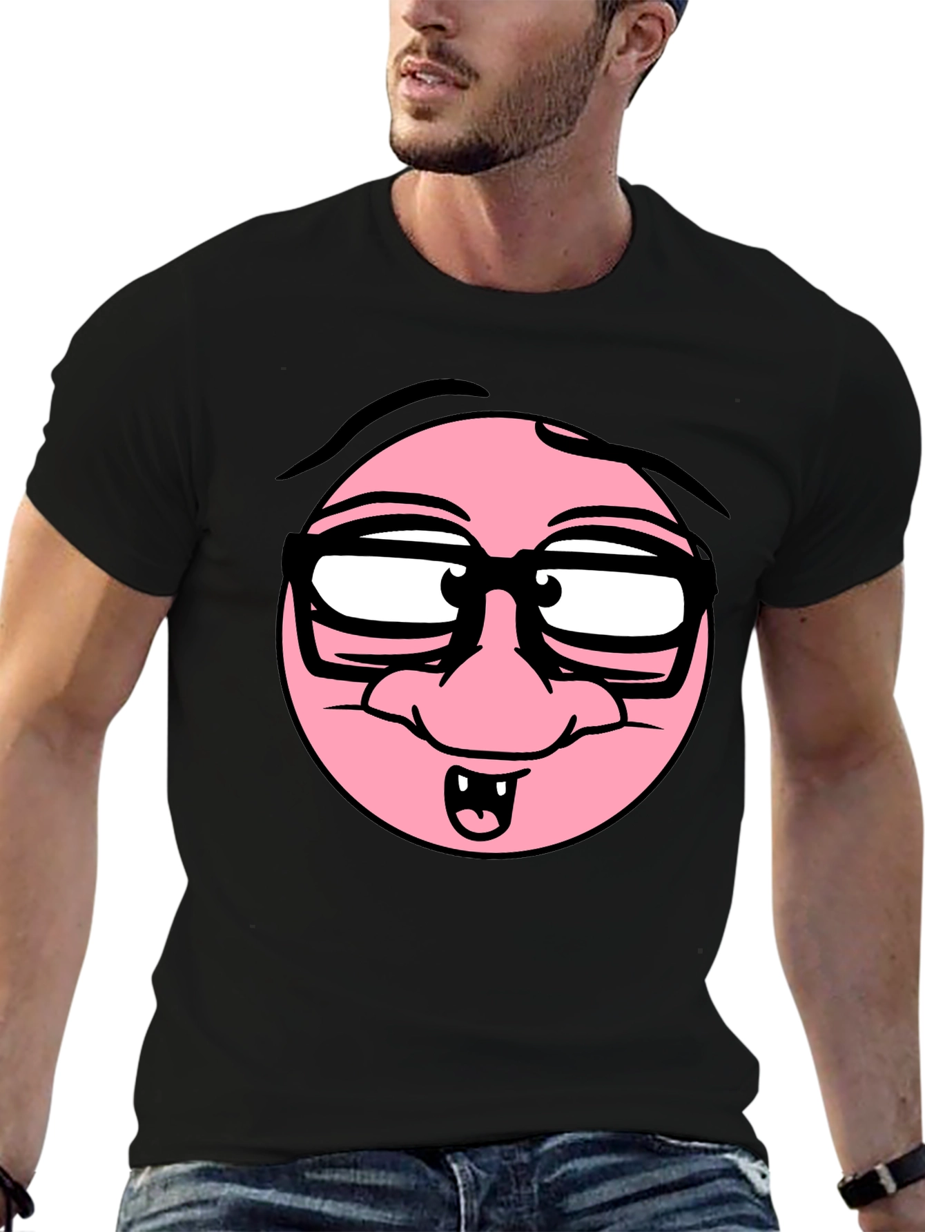 Black Funny Cartoon Face Black T-Shirt view 6