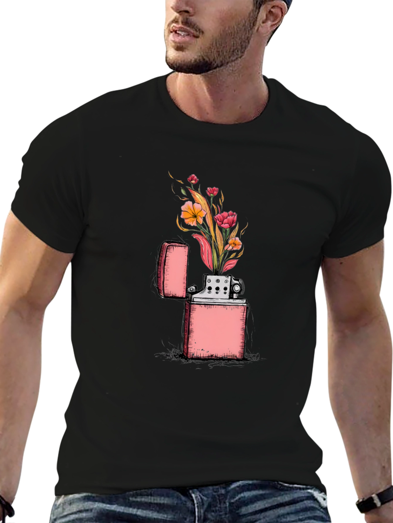 Black Floral Zippo Graphic Tee - Unique Lighter Design view 6