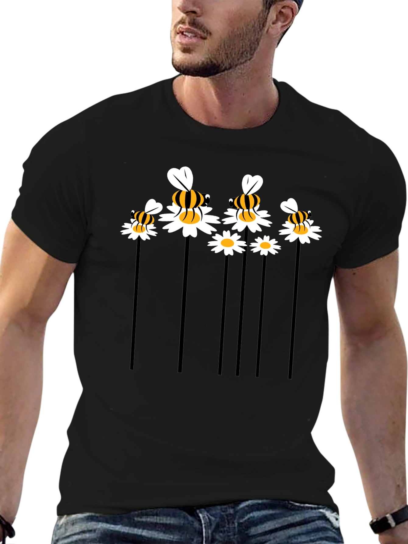 Black Bee & Daisy Graphic Tee - Black Cotton Blend view 6