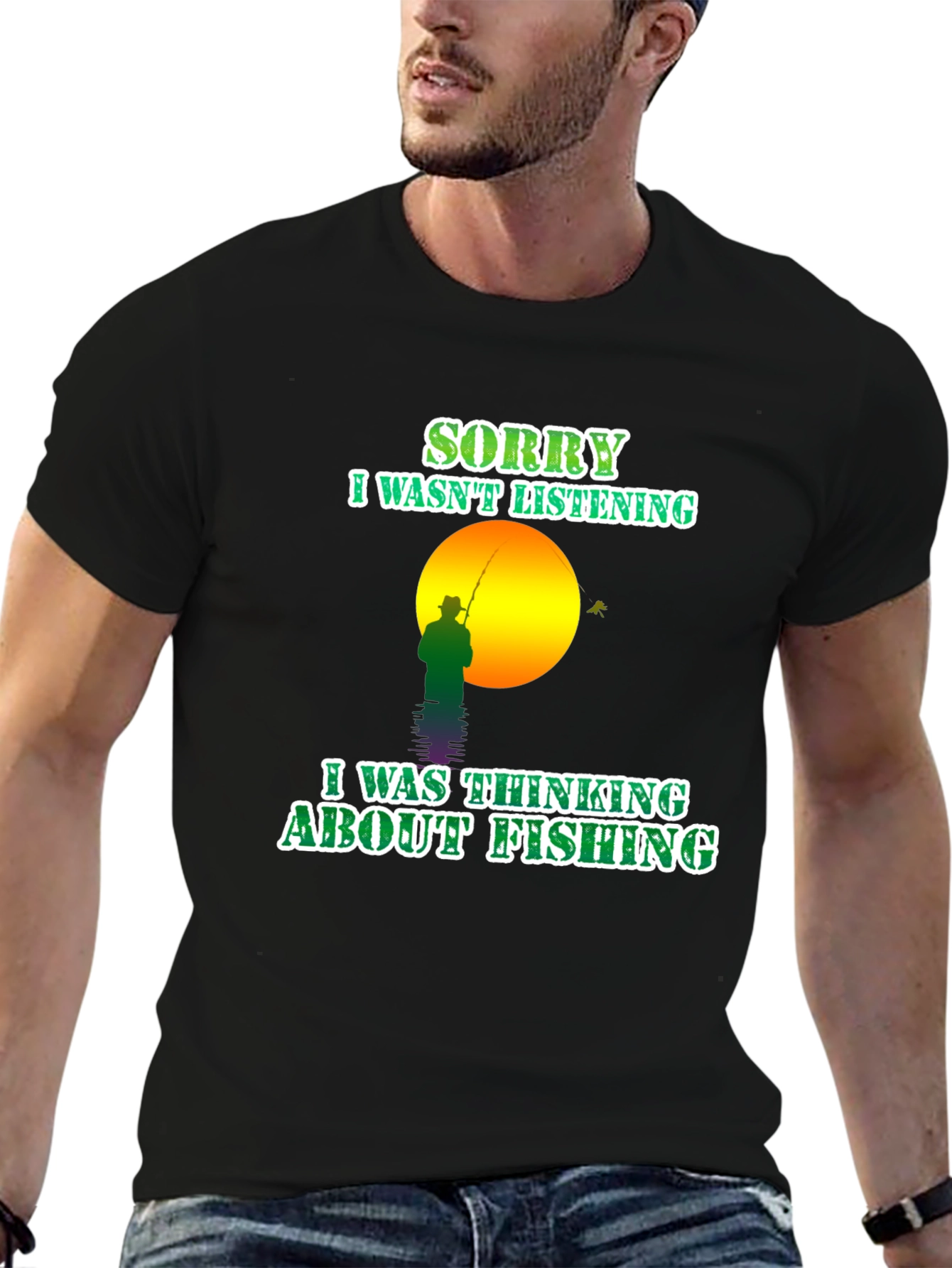 Black Fishing T-Shirt: Sorry, Thinking About Fishing view 6