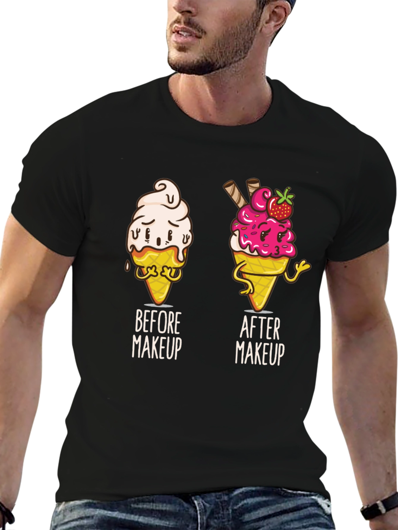 Black Funny Ice Cream Before and After Makeup T-Shirt view 6