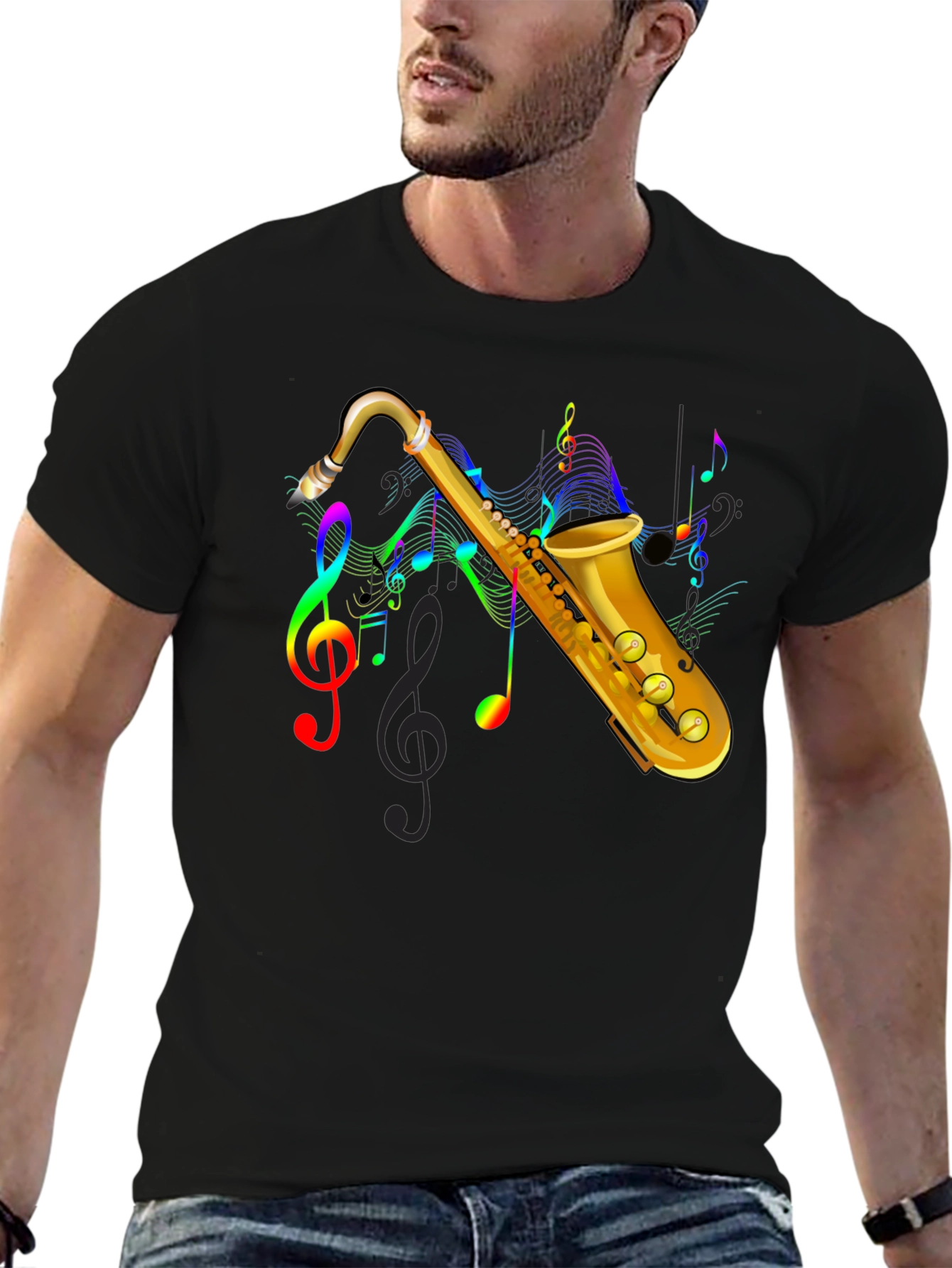 Black Saxophone Music Note Graphic Tee - Black view 6