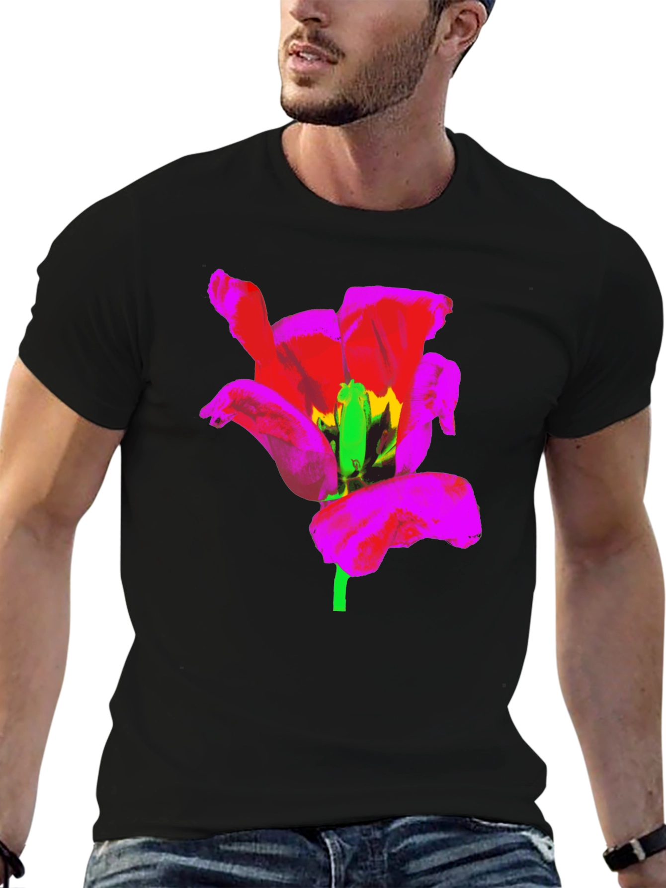 Black Bold Flower Graphic Black T-Shirt view 6