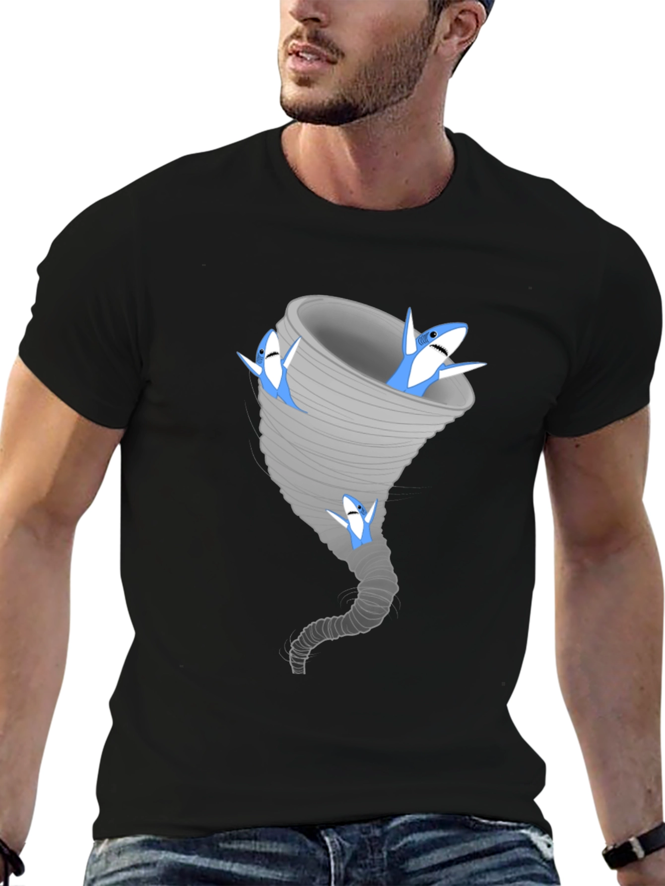 Black Sharknado Black Tee - Funny Shark Tornado Graphic T-Shirt view 6