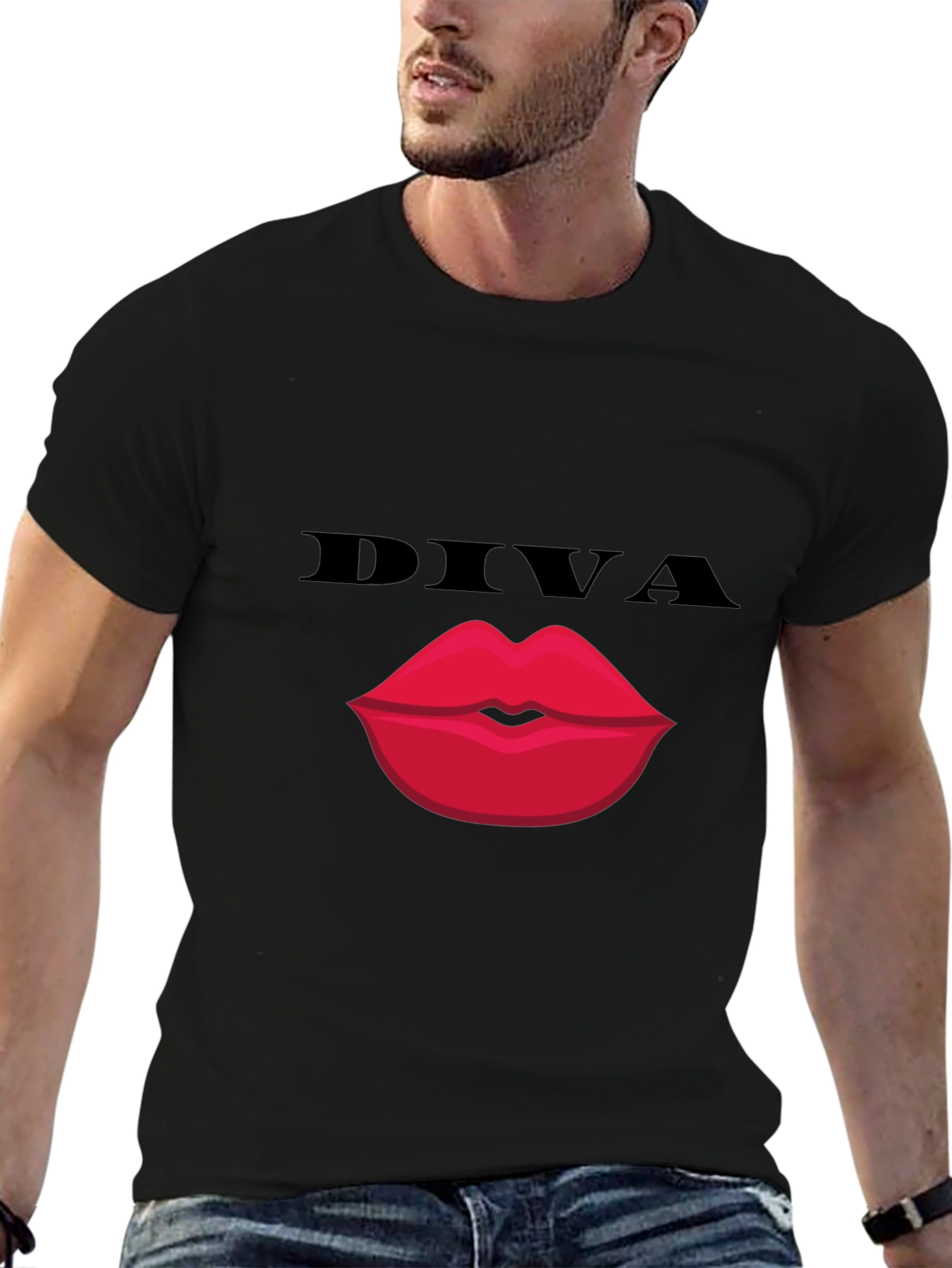 Black Diva Lips Graphic Tee - Bold Black Cotton T-Shirt view 6