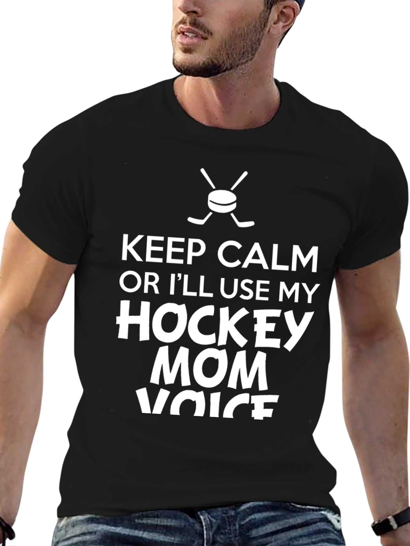 Black Keep Calm Hockey Mom T-Shirt - Funny Graphic Tee view 6