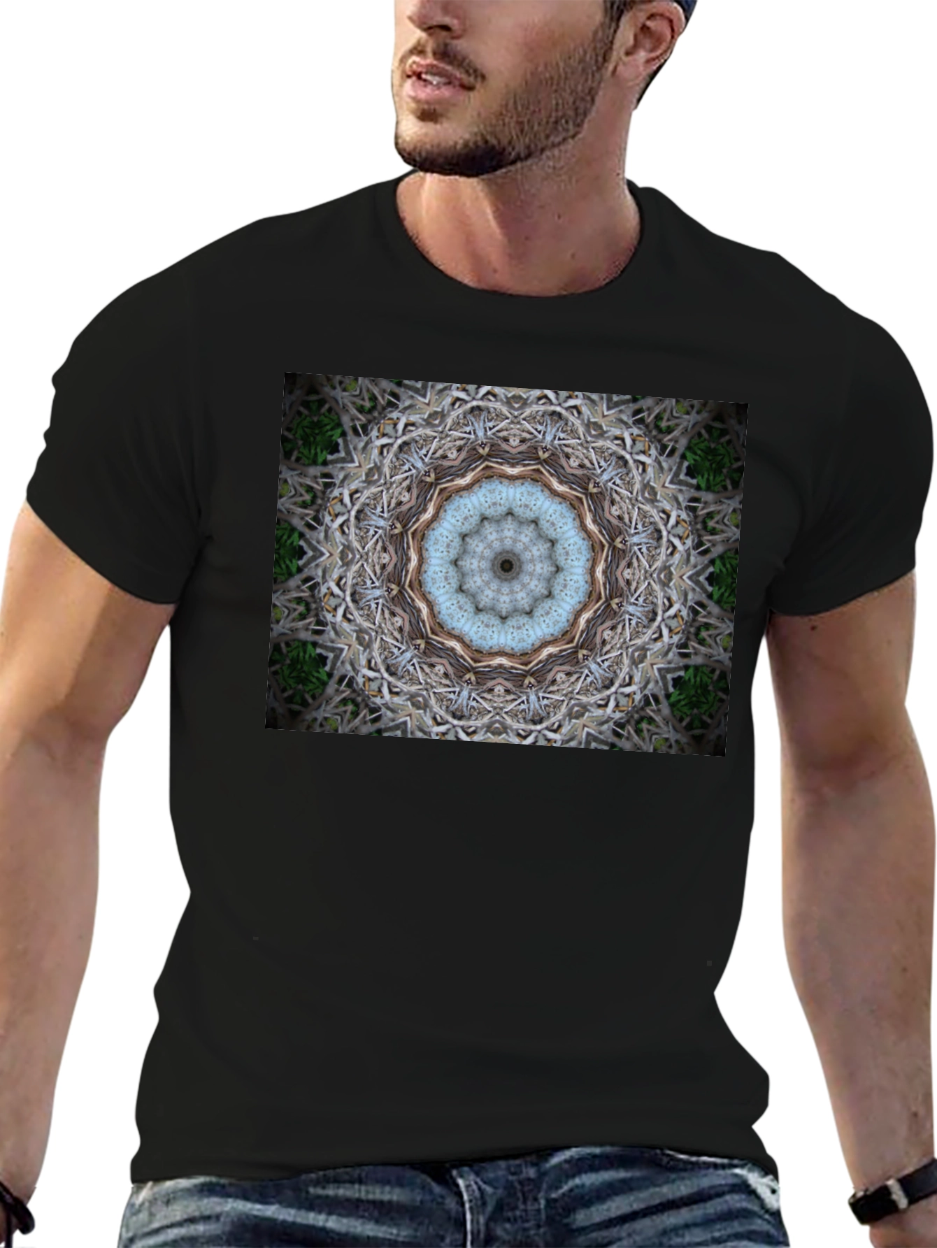 Black Abstract Mandala Print Black T-Shirt view 6