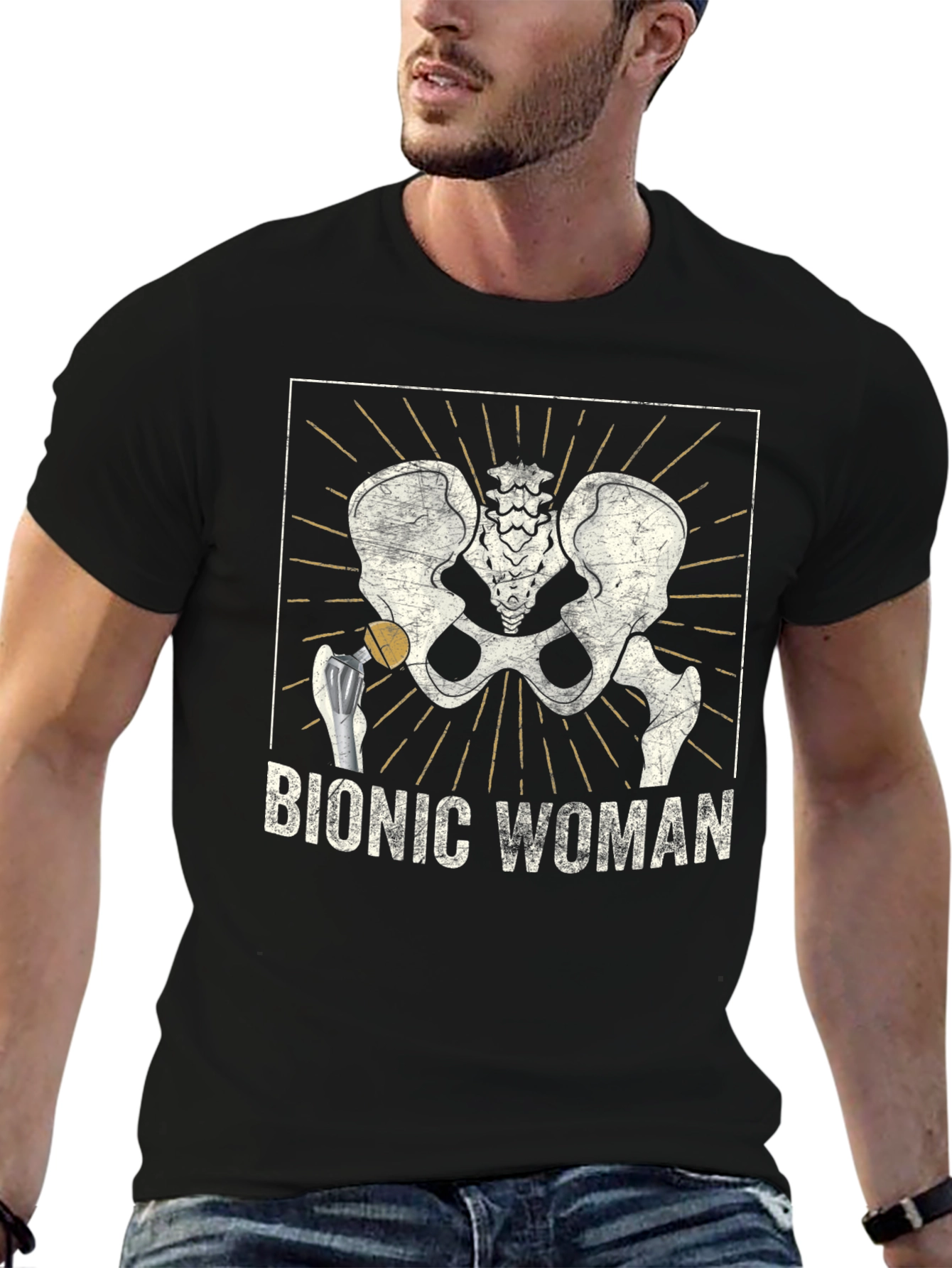 Black Bionic Woman Hip Replacement Graphic Tee view 6