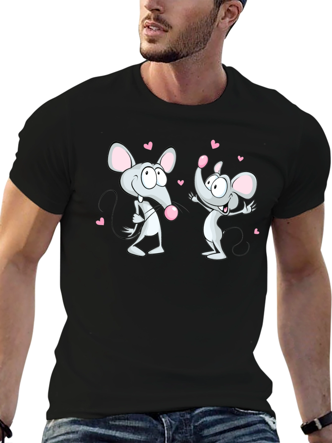 Black Cute Cartoon Mice Valentine's T-Shirt view 6