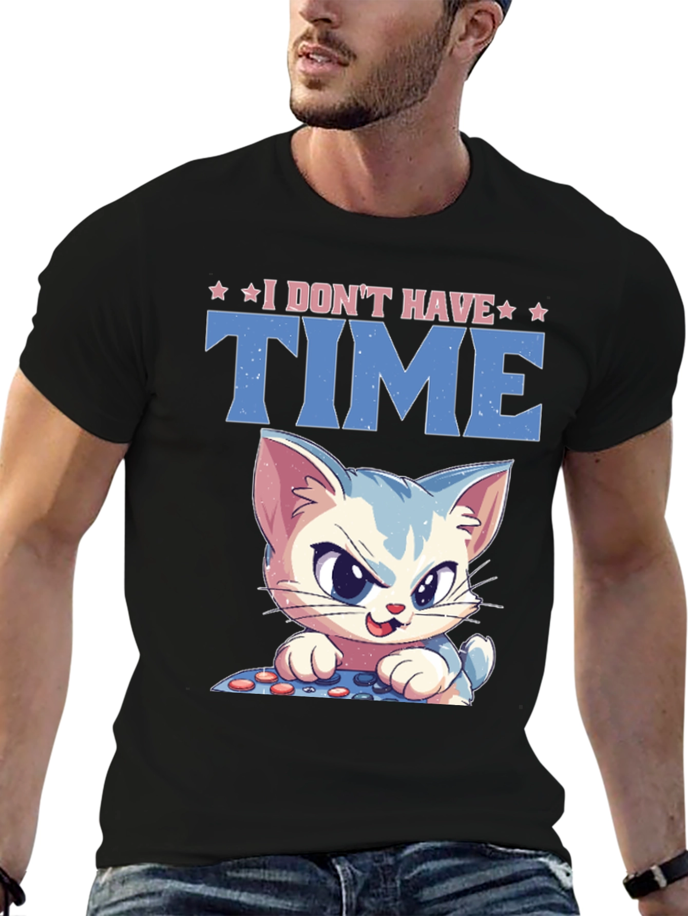 Black I Don't Have Time Cat Gamer Black T-Shirt view 6