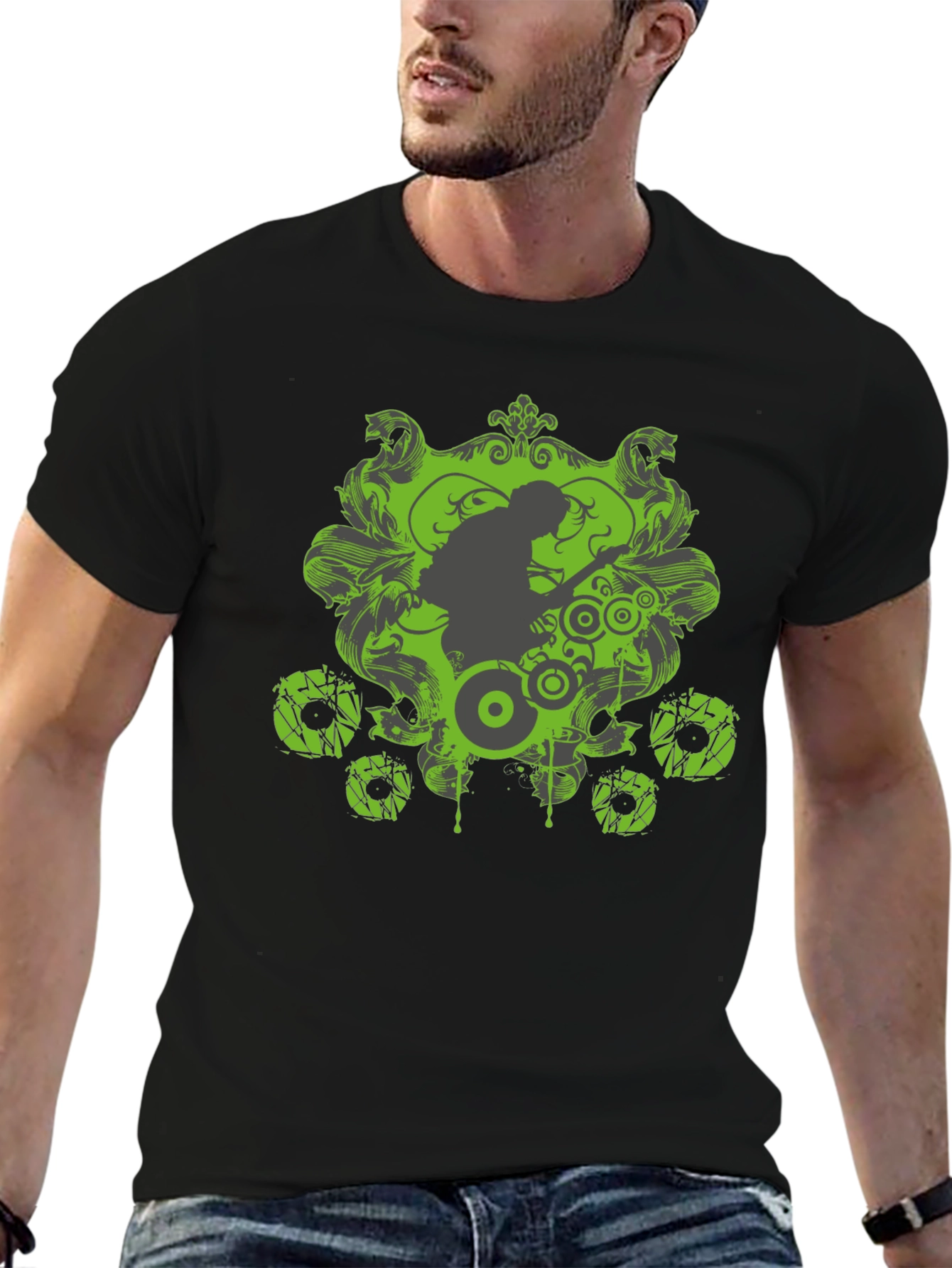 Black Cool Graphic Tee - Black with Green Design view 6